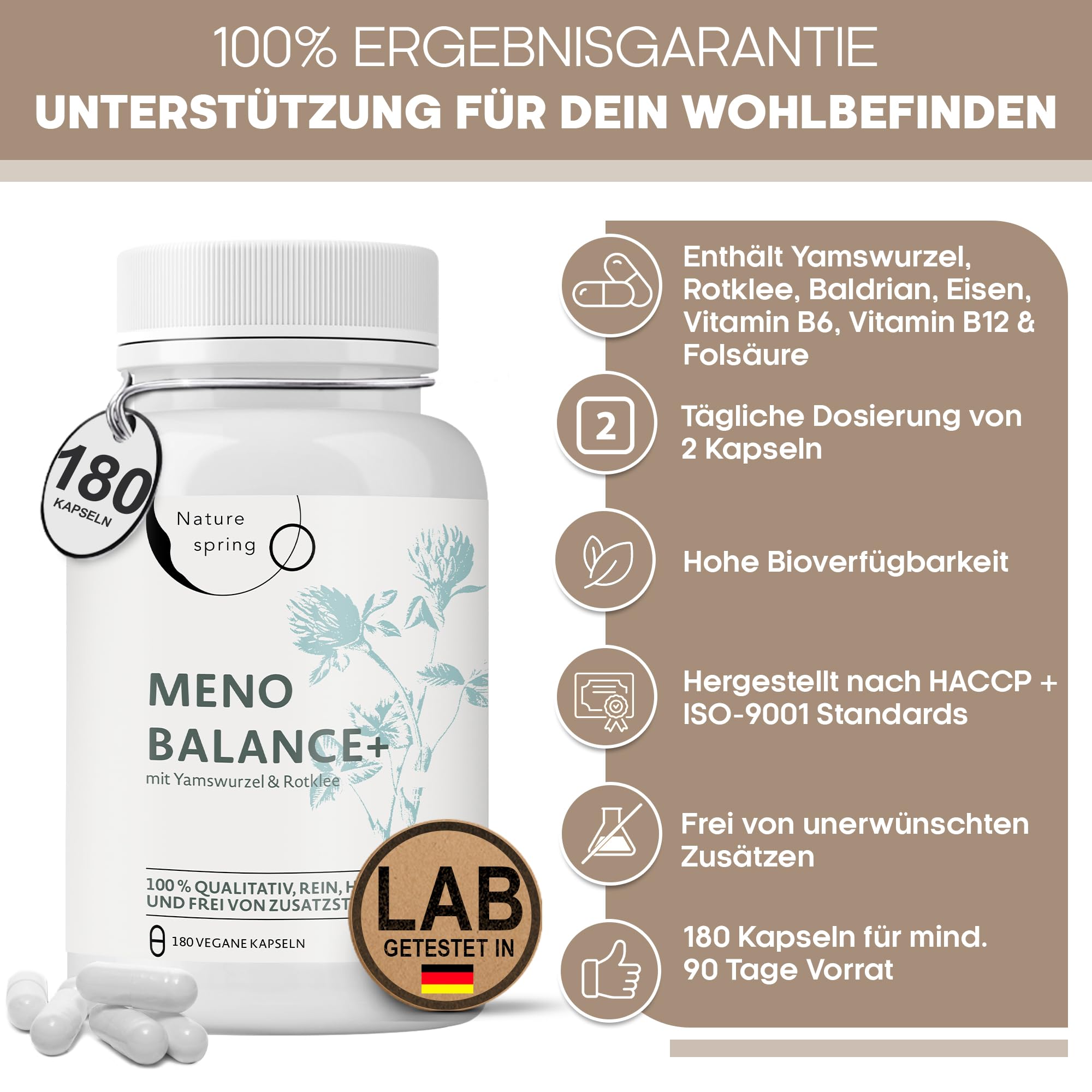 Wechseljahre Kapseln für Frauen ab 50 | Meno Balance+ | Komplex mit Yamswurzel, Rotklee & Baldrian | Eisen, Folsäure & B-Vitamine | Hitzewallungen, Schlaf & Stimmung | 180 vegane Kapseln, laborgeprüft