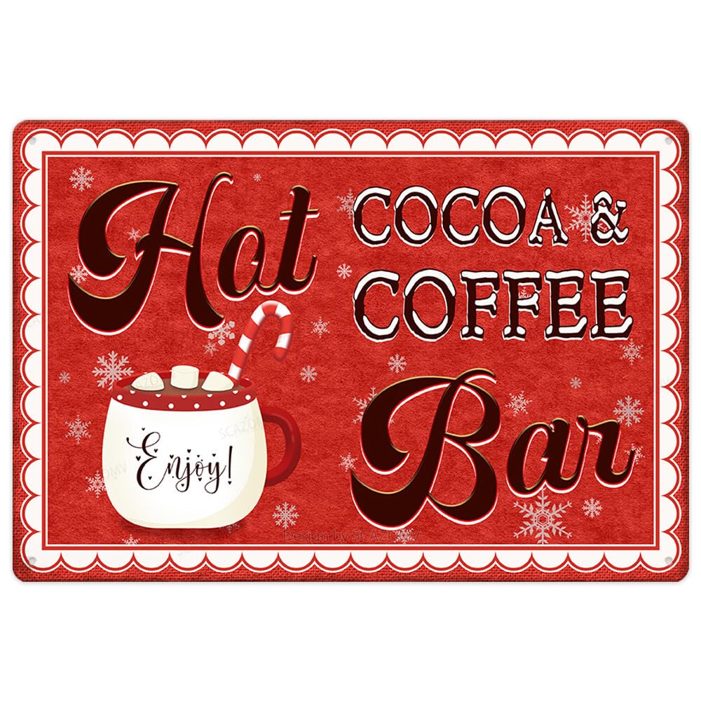 SMAZDFXX Hot Cocoa And Coffee Bar Metal Tin Sign Farmhouse Christmas Decor Vintage Retro Poster For Kitchen Cafe Bar Home Wall Decor Art Winter Decoration Plaque 12"x16"