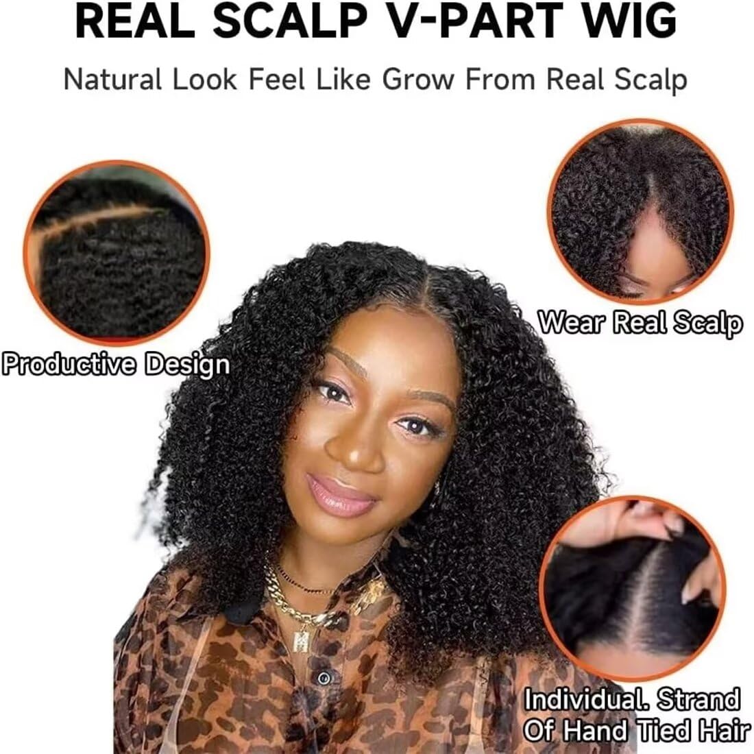 V Part Human Hair Wig, 150% Density, No Leave Out, No Sew In, Beginner Friendly, Glueless Kinky Curly V Part Wig - Image 4