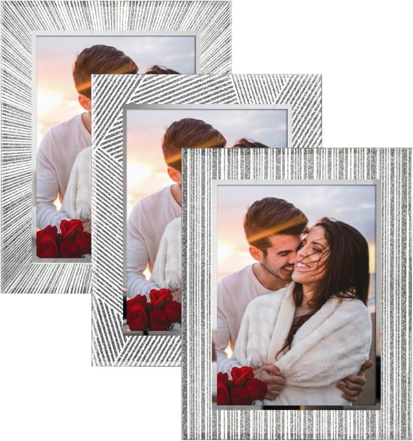 Giftgarden 7x5 Photo Frames, Sparkle Glass Silver Picture Frames 3 Pack Mirrored Edge Frames for Desktop Display
