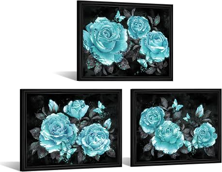 sechars Roses with Butterflies Wall Art Fashion Glam Floral Painting Print Framed Canvas Set Black and Teal Bathroom Decor Teal