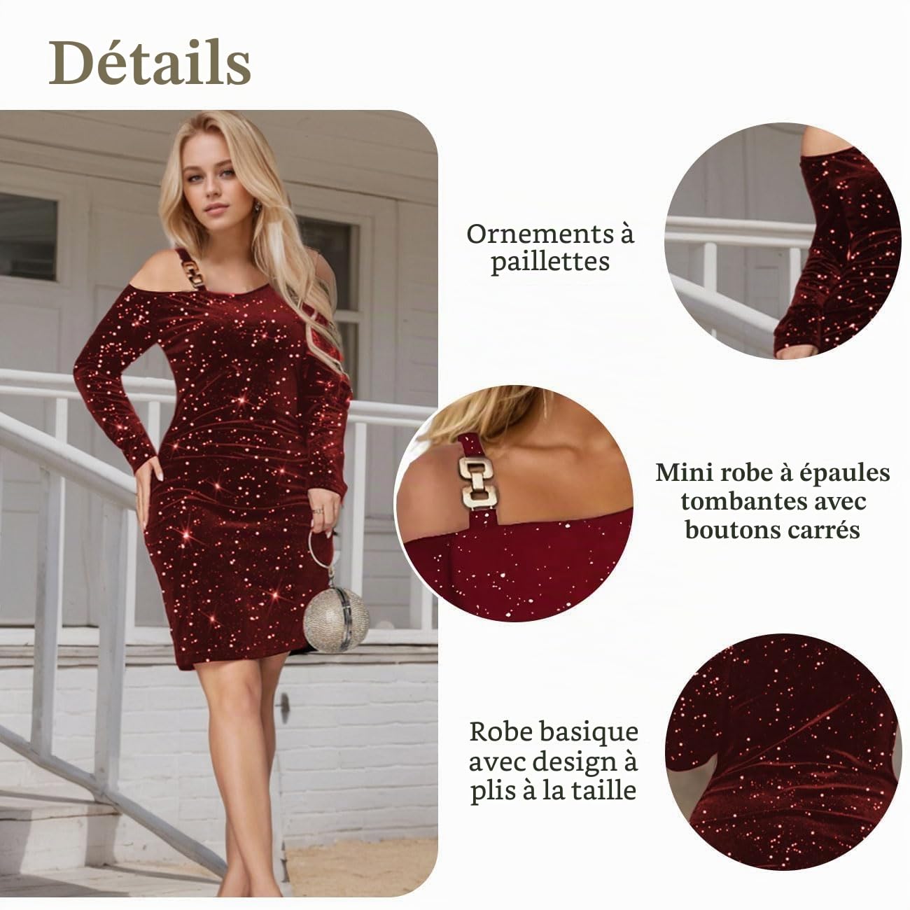 Mini Robe Sexy à Paillettes pour Femmes, Anniversaire Robes Off Shoulder Boucle Carrée épaules Inclinées, Robe Enveloppante à Plis au Bas de la Taille Robe de Soirée Moulante, Noire, S-L