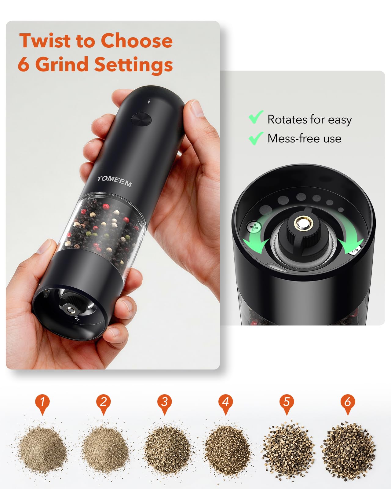 [Grande capacité améliorée] Ensemble de moulins à sel et poivre électriques rechargeables avec lumières LED – Moulin à poivre et sel automatique en acier inoxydable rechargeable avec 6 mousses