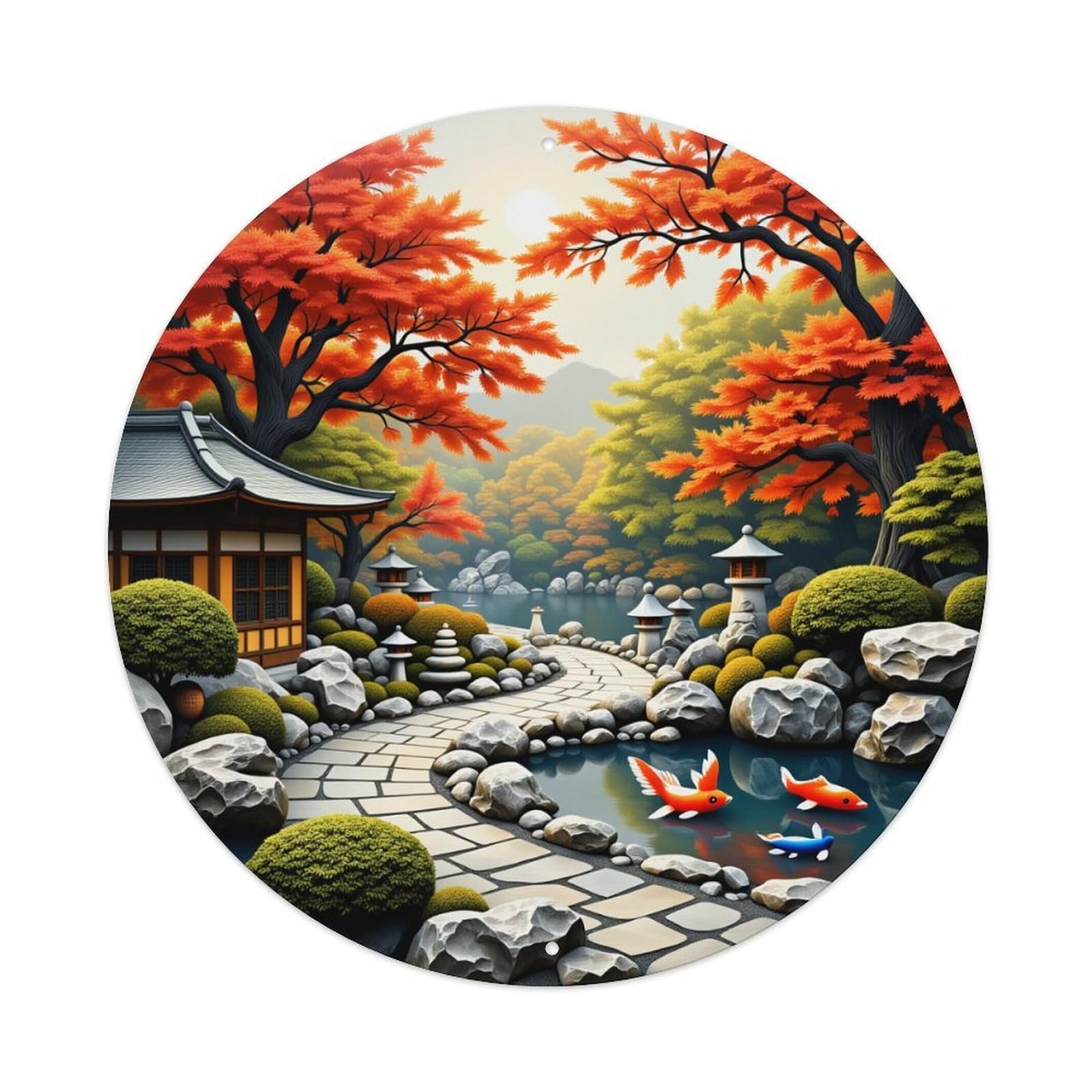 Autumn Garden Koi Path Stones Retro Metal Sign Round Tin Sign, Vintage Decor Art Poster for Bar, Home, Man Cave, Kitchen, Laundry Room Gift 8x8Inch