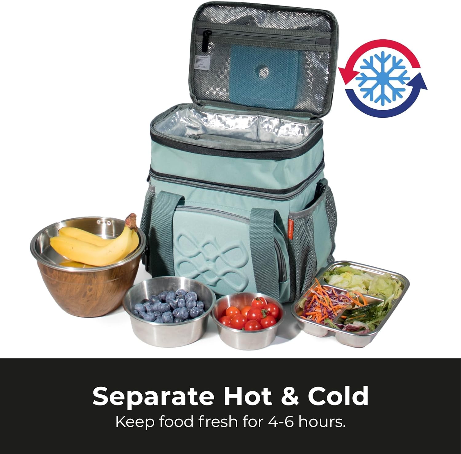 Dual Compartment Lunch Bag, 12L Insulated Leakproof Lunch Box, 13 Cans Capacity (Antiqued Aqua)
