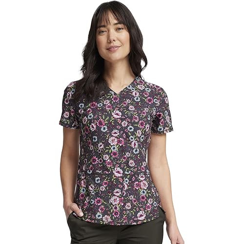 Cherokee Scrubs for Women V-Neck Printed Top Modern Classic Fit with 3 Pockets, Knit Details & Side Vents CK678
