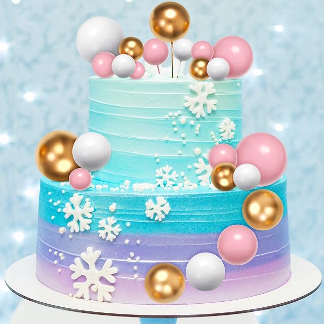 Zonon 21 Pieces Balloon Cake Topper 3 Sizes Foam Ball Cake Picks Wedding Cupcake Toppers Insert Cake Topper Sticks Birthday Cake Decorations for Anniversary Party Baby Shower, White, Pink, Gold