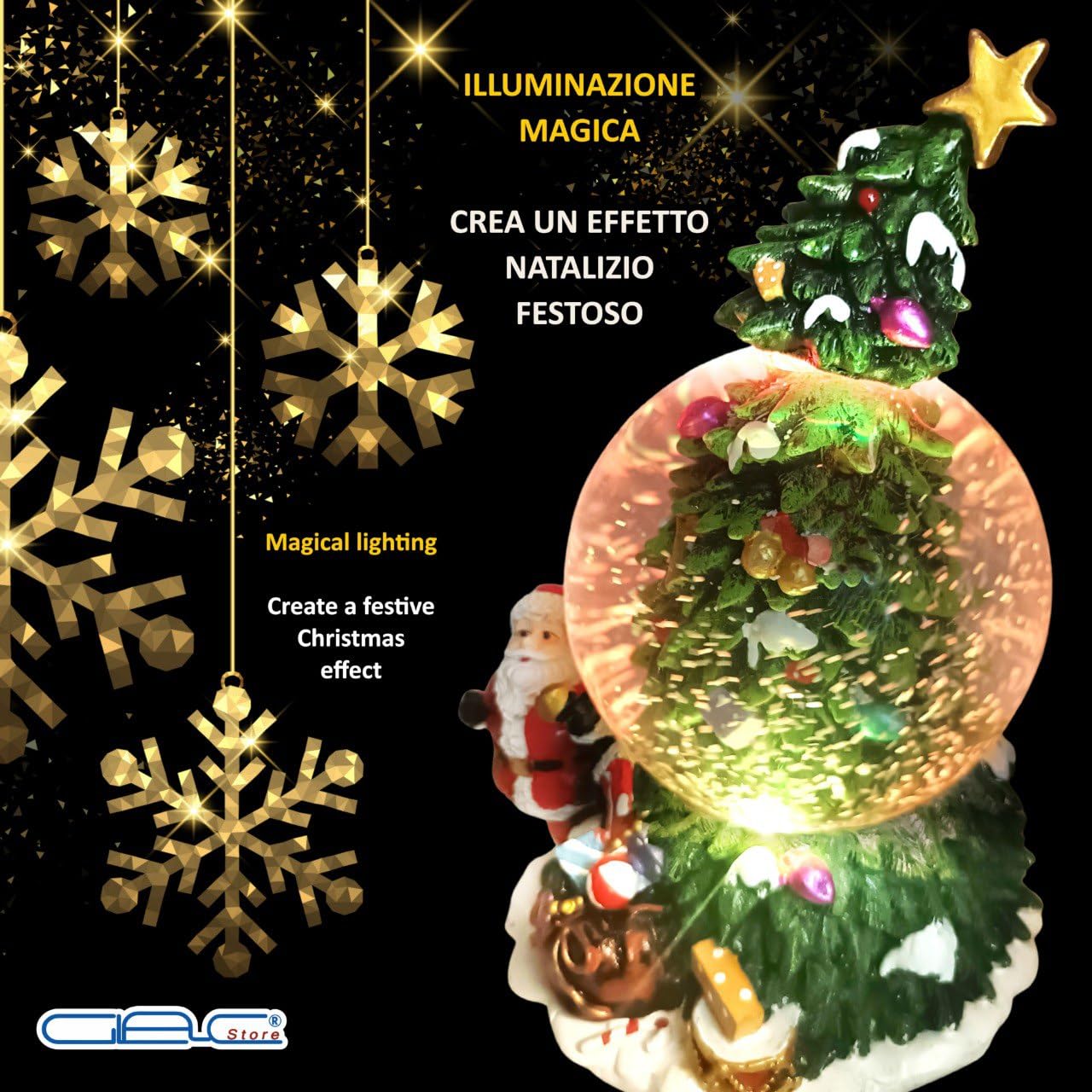Sfera di Neve Natalizia con Albero e Babbo Natale, 20x12 cm, Ampolla in Vetro con Effetti Sonori, Decorazione Festiva