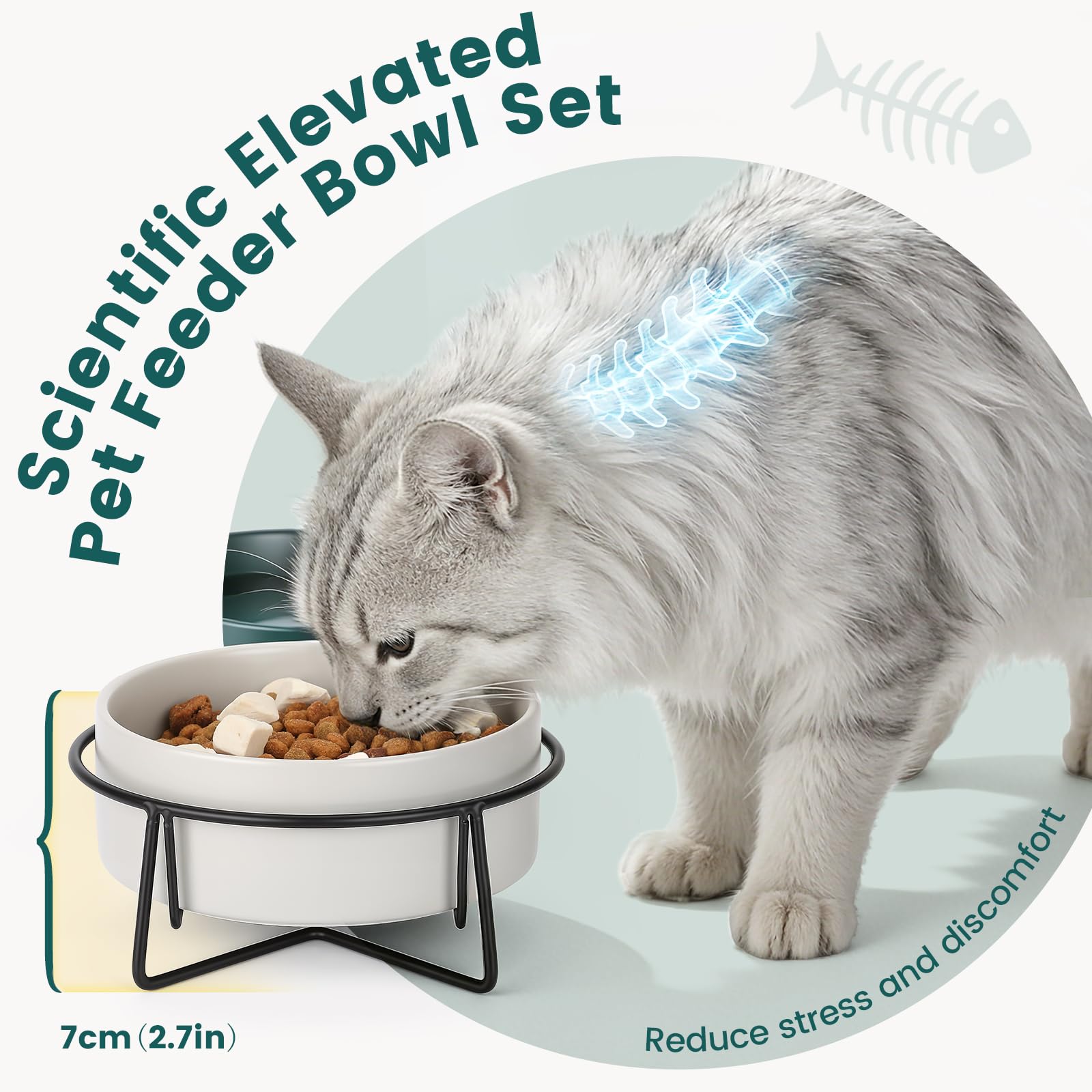 PETTOM Gamelle Chat Céramique Surélevée Double 2x400ml, Bol Chat avec Support Métal Anti Renversement pour Croquette Eau, Vert+Gris
