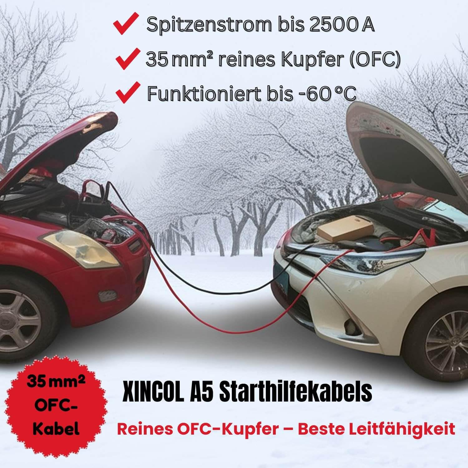 XINCOL A5 Strapazierfähiges Schwerlast-Starthilfekabel - 2500 A - 100%-Kupferdraht-Starthilfekabel für LKWs - wärmeisoliert - mit Tasche - 6M
