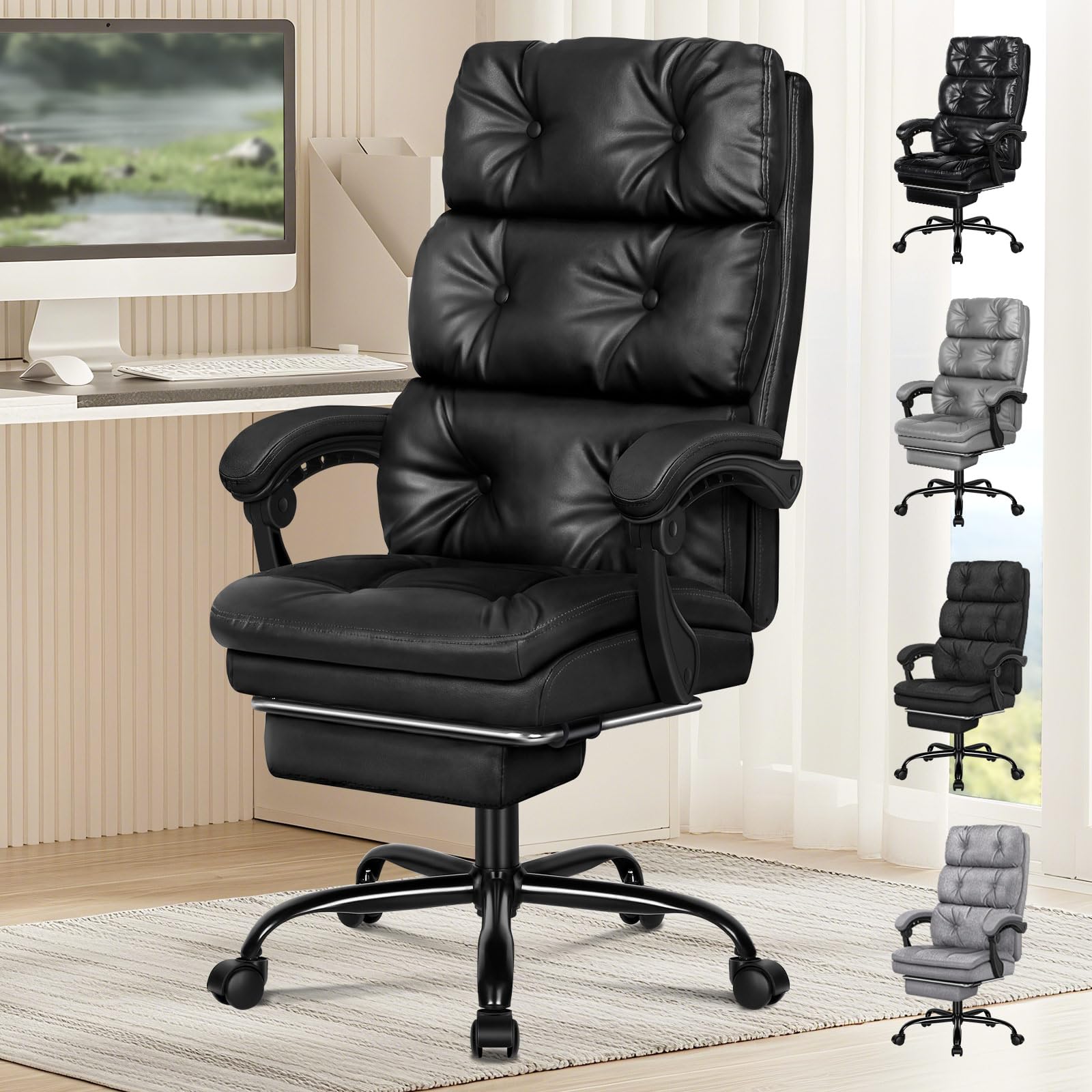ALFORDSON Sedia da Ufficio Ergonomica, Poltrona Direzionale, Girevole e Altezza Regolabile, da Scrivania in Studio e Ufficio, con Rotelle con Poggiagambe, Portante di 180 kg, Similpelle(Nera)