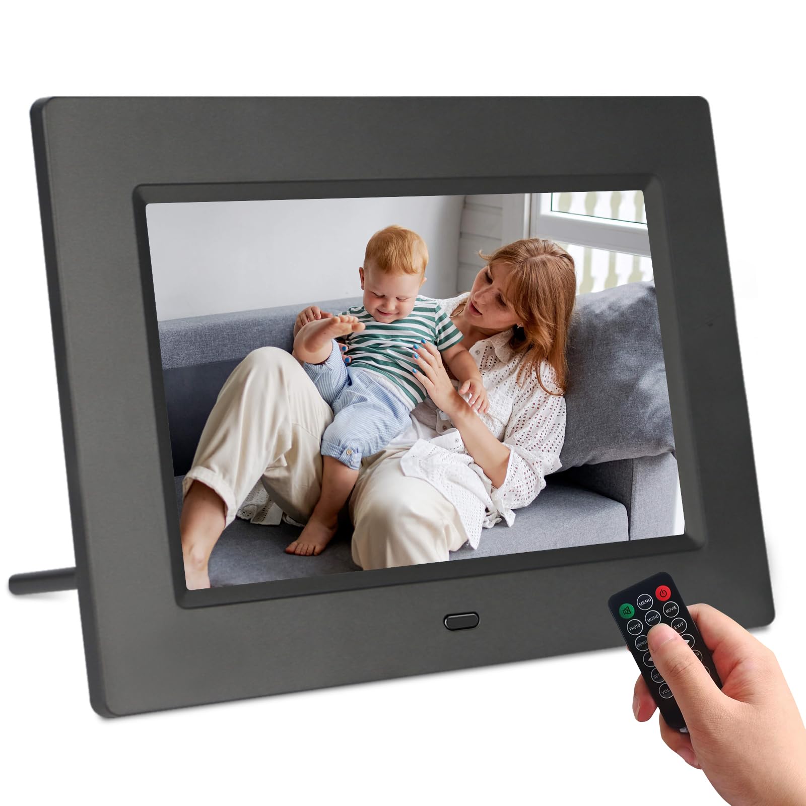 TSITSC Cadre photo électronique de 7 pouces, écran IPS 1024 x 600, calendrier, fonction horloge, musique, photo/lecteur vidéo avec télécommande, prend en charge les cartes USB/SD