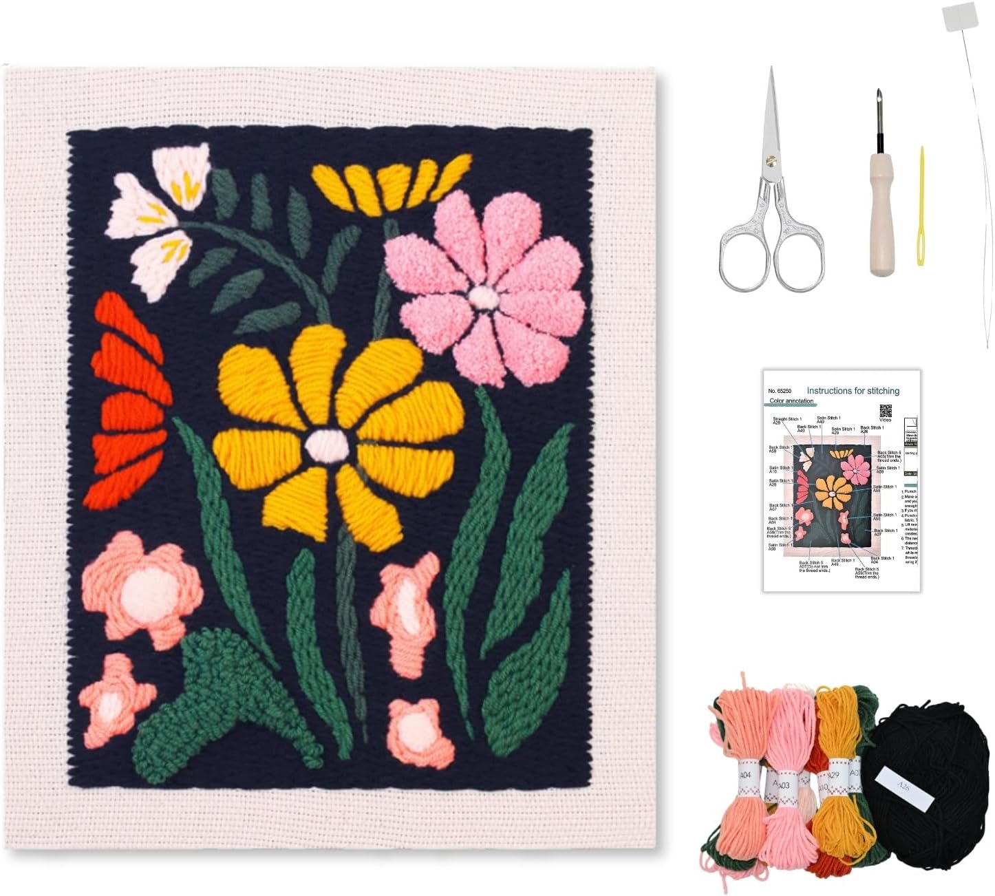 Mooncci 11.8 Inch Punch Needle Kit for Adult Beginners, Complete Craft Kits with Pre-Stretched Fabric on Wooden Frame, Tools & Guide for Home Wall Decor and Holiday Gift (Dark Flowers)
