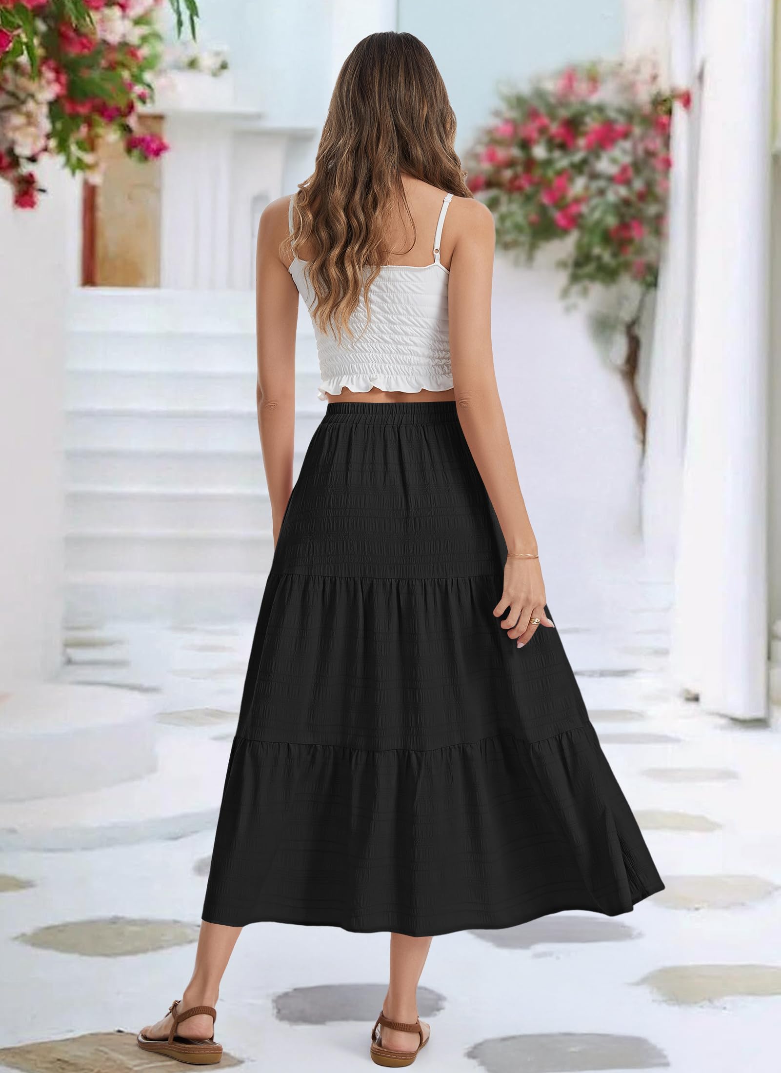 MOLERNAI Damen Rock Sommer Hohe Taille Einfarbig Maxirock Stufenrock Elegant A-Linie Freizeitrock Rock mit Taschen