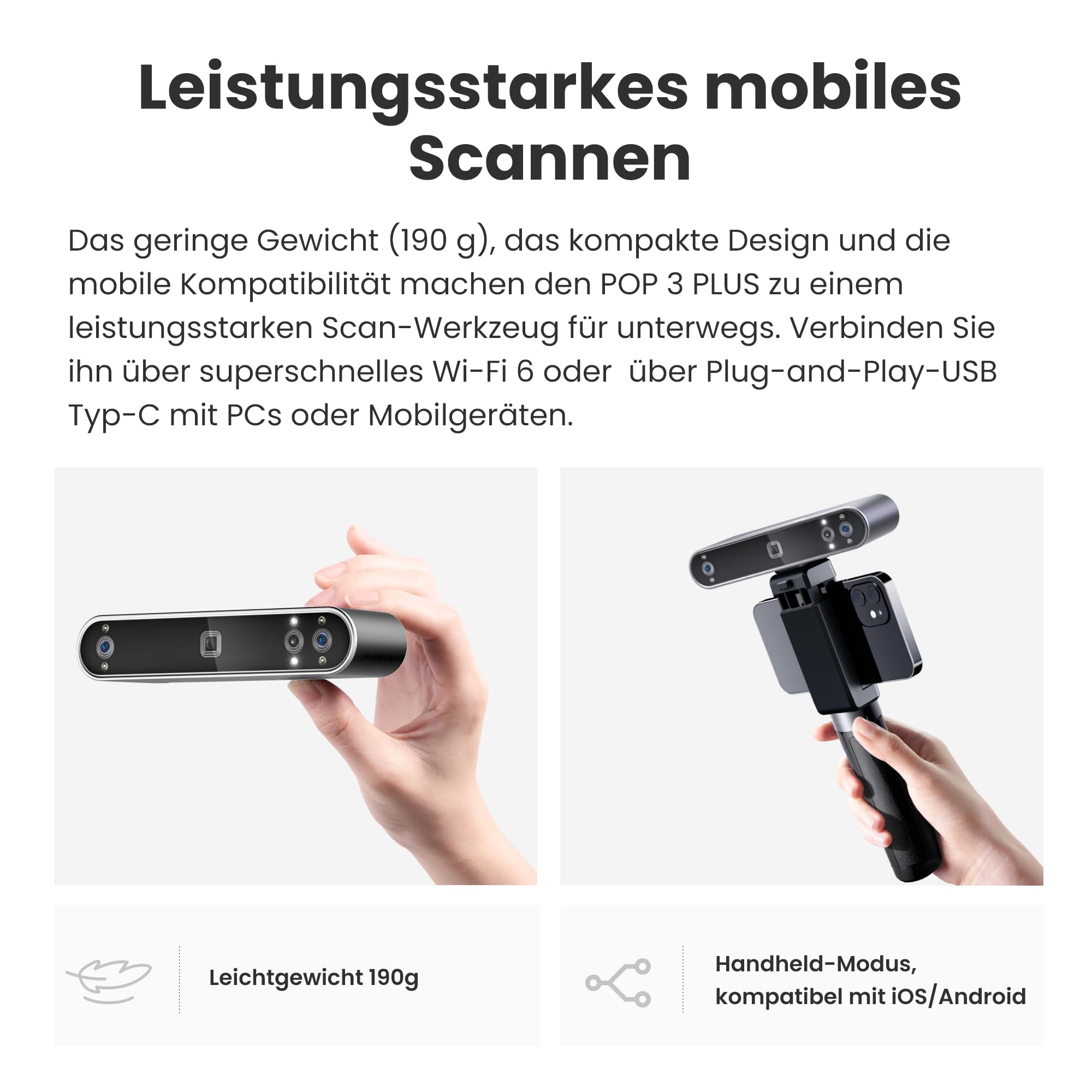Revopoint POP 3 Plus 3D-Scanner für 3D-Druck, Handscanner mit 0,04mm hoher Präzision, Vollfarbscan für Mittlere Objekte, Quicksurface 30-Tage Testversion, Kompatibel mit Android/iOS/Win/macOS, Premium