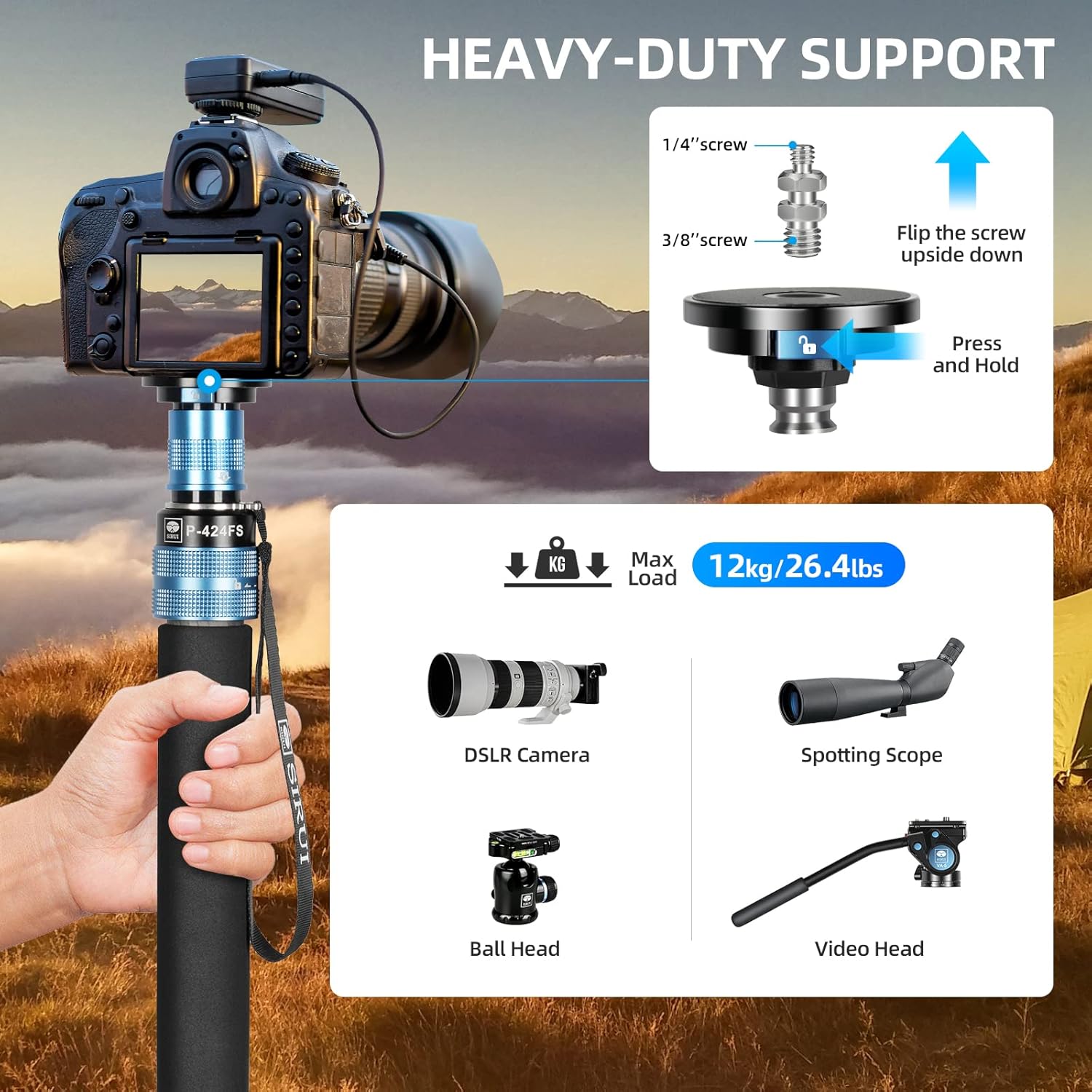 SIRUI P-424FS 66.7" Carbon Fiber Camera Monopod with VH-10 Fluid Video Head, Professional Heavy Duty Monopod with Tripod Base, Flip Locks for DSLR Camera, Max Loading 6kg/13.2lbs