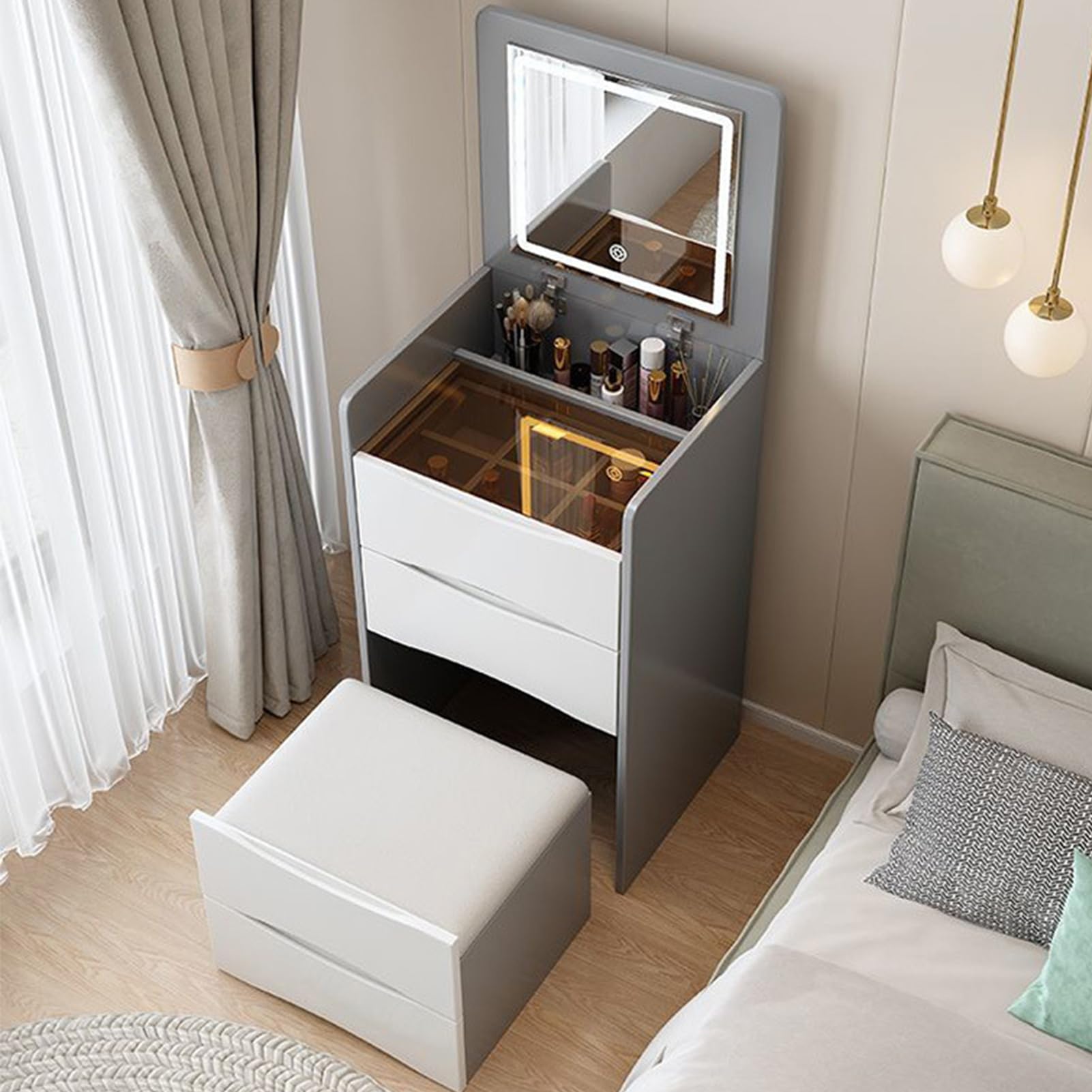 asdchZen Lighted Vanity Flip Top Mirror Makeup Dressing Table With Drawers & Cushioned Stool Stylish White Bedroom Furniture