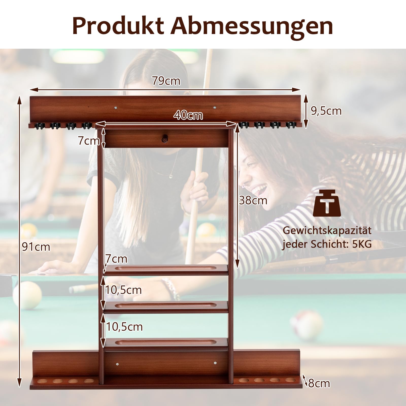 GOPLUS Billardständer, Pool Queue Halter aus Kiefernholz mit 8 Queue-Stifte, 3-stufig, Ball Rack Halter & Regal, Billardqueueständer für Bars Clubs Spielzimmer, Wandmontage (Braun)