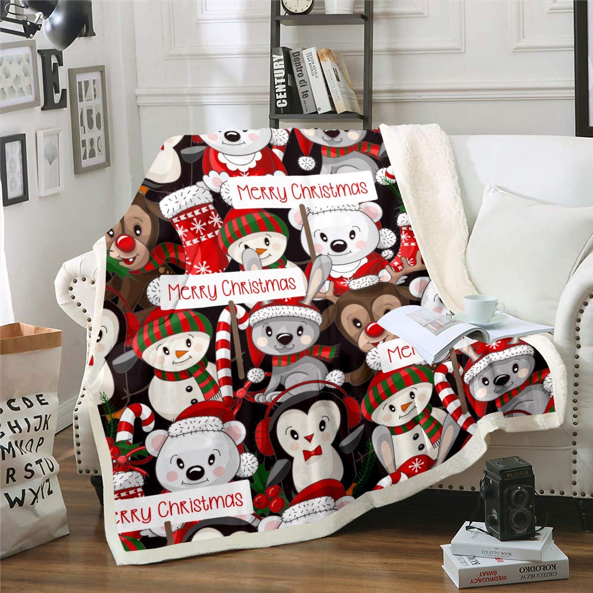 Loussiesd Multicolored 10 Christmas Theme Cartoon Deer & Rabbit Cute Animal Theme Sherpa Throw Blanket - Plush Fuzzy Xmas Gift - 50"X60"