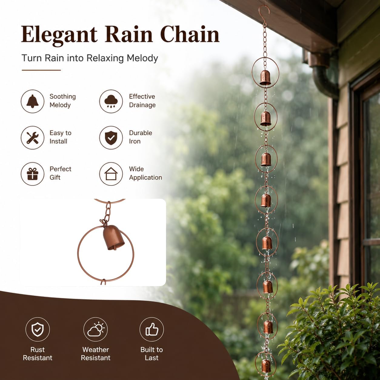 Chain Hanging Rain Catcher, Hanging Rain Chain Metal Chime with Hooks Soothing Sounds Effective Gutter Drainage Catcher for Balcony Courtyard