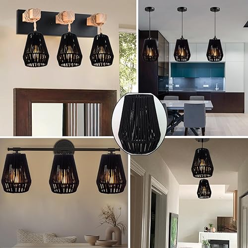 Miniatura 4 de Pantalla de lámpara bohemia de ratán negro, pantalla colgante de ratán costero, pantalla de lámpara colgante bohemia de repuesto para cocina, isla,