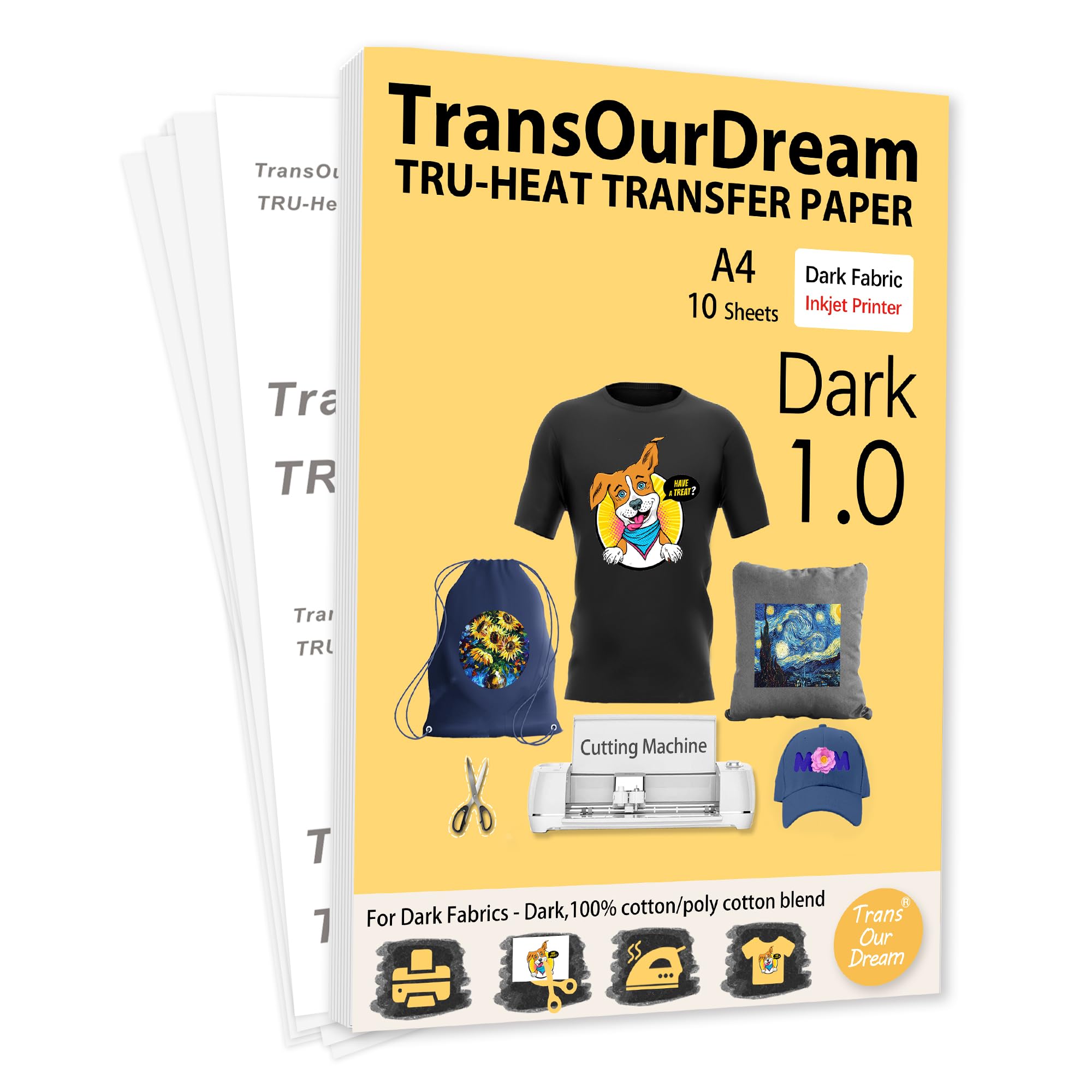 TransOurDream Dark Textile Fabrics Transfer Paper 1.0 Inkjet A4 10 Sheets