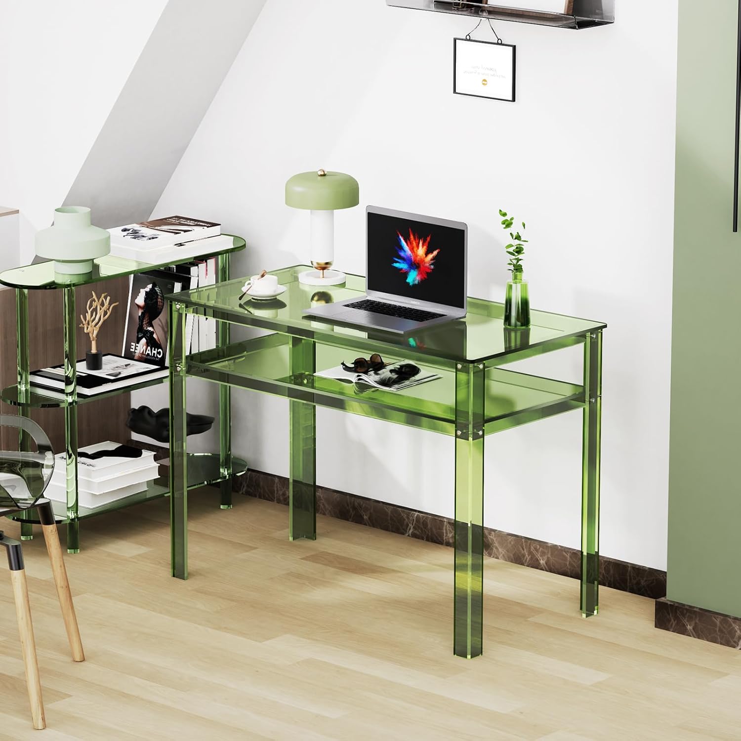 Clear Acrylic Desk with Open Storage, Home Office Computer Writing Desk Office Study Table (Green, 39.4'' x 19.7'' x 29.5'')