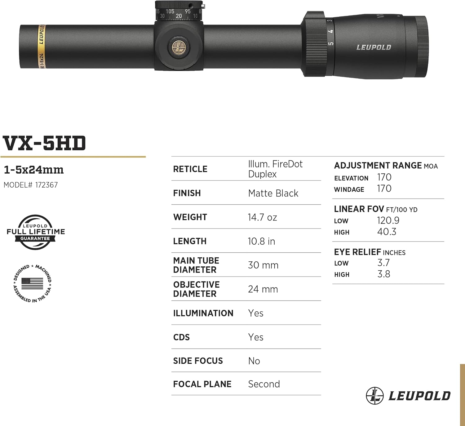 Leupold VX-5HD 1-5x24 (30mm) CDS-ZL2 Illum. FireDot Duplex Reticle Riflescope