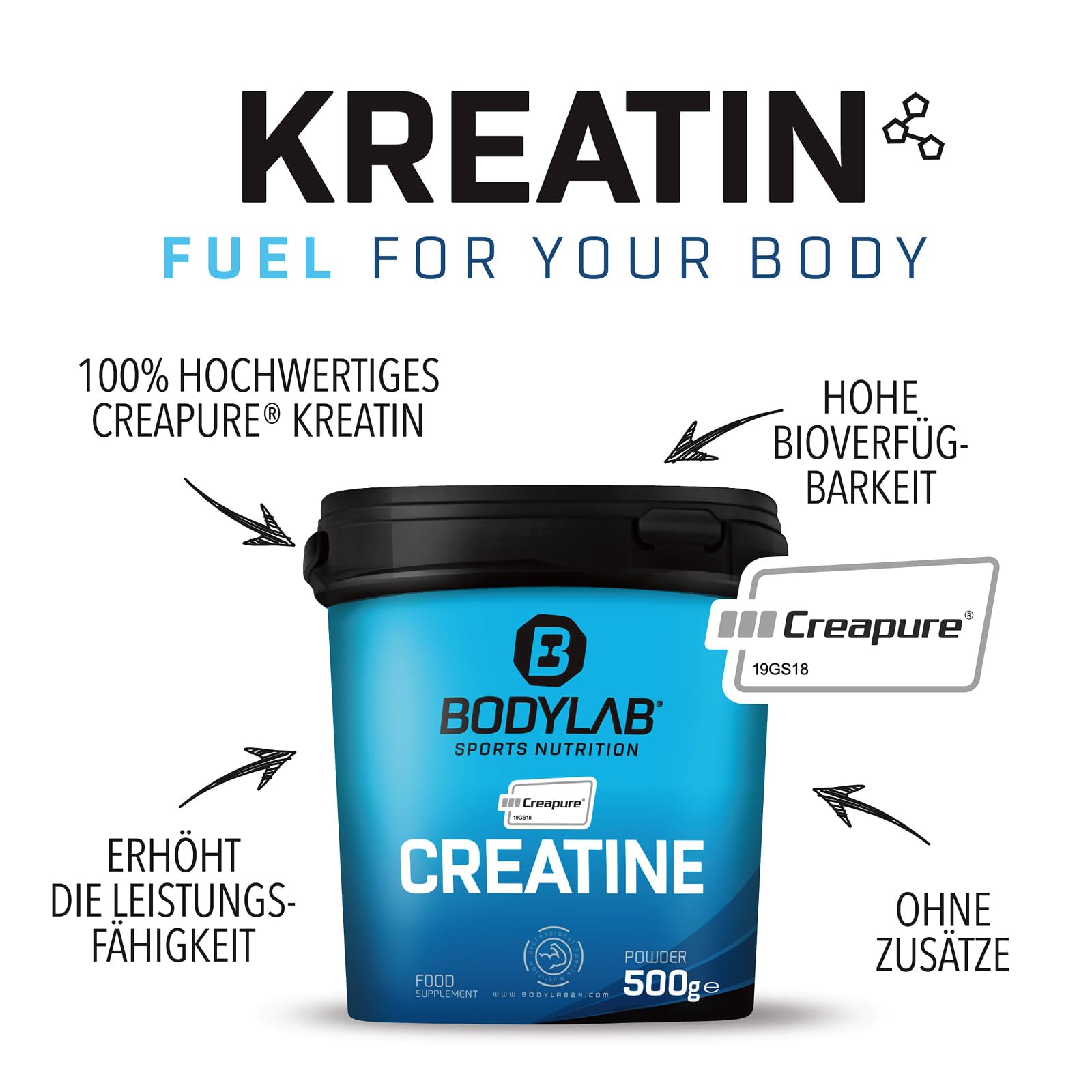 Bodylab24 Creatine Creapure® Pulver 500g, reines Kreatinmonohydrat als hochwertiges Creapure®