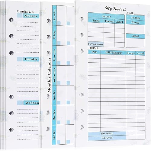 Toplive Paquete de 3 hojas de repuesto para planificador A6 y hojas de presupuesto, planificador semanal y mensual, insertos de hojas perdidas,
