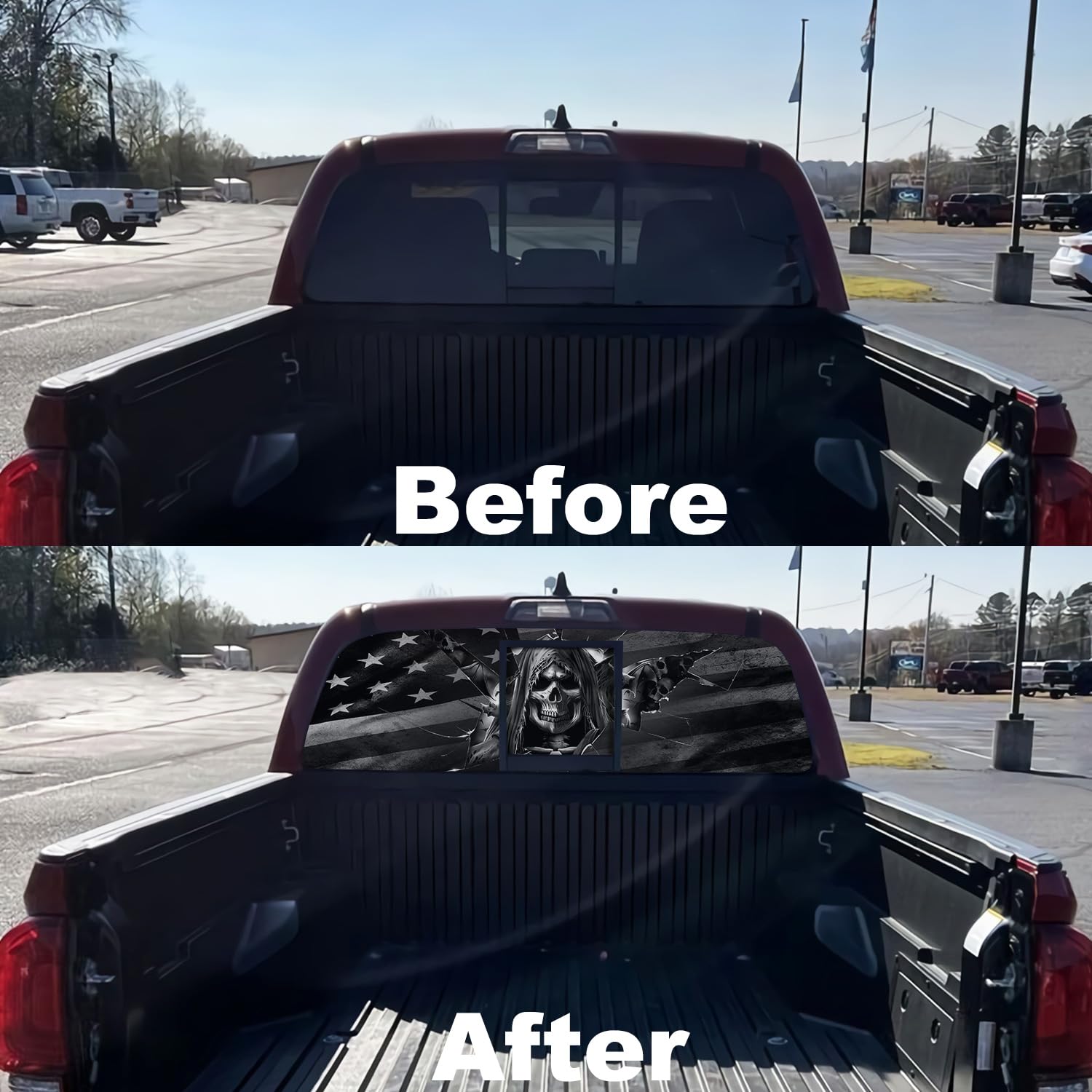 NPVU Rear Window Decal For Trucks - Black American Flag With Wolf Design, Perforated Vinyl, 65x17 Inches