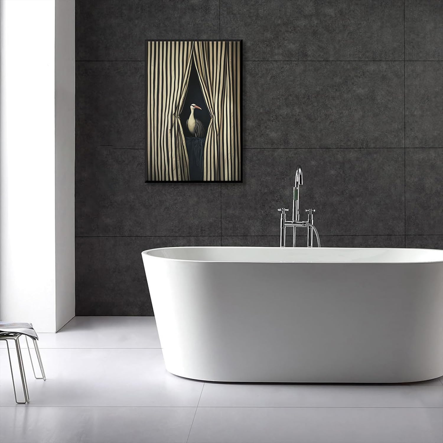 Modern Bird Wall Art Surreal Black and White Striped Posters Elegant Animal Room Decor Abstract Canvas Prints Whimsical Statement Pictures for Bedroom Bathroom Dorm Aesthetic 12x16in Metal Black Frame