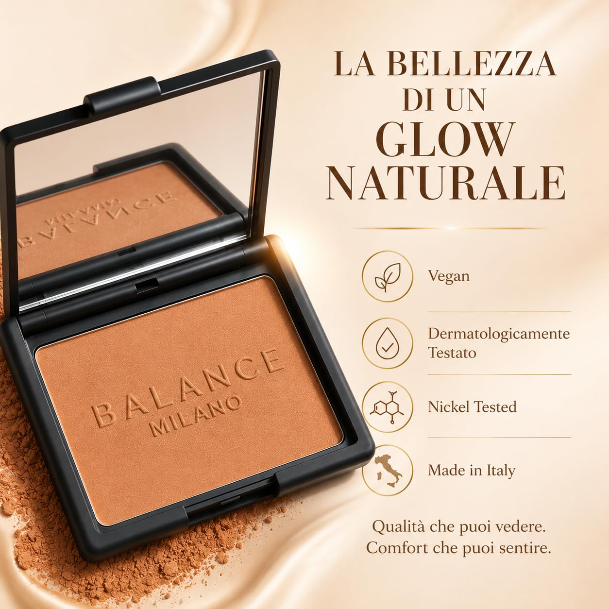 BALANCE MILANO 14g Bronzer in Polvere per Contouring Viso Made in Italy - Terra Abbronzante Effetto Sunkissed Naturale e Radioso - Olio di Jojoba, Mandorle e Vitamina E - Vegan & Talc Free - Make Up