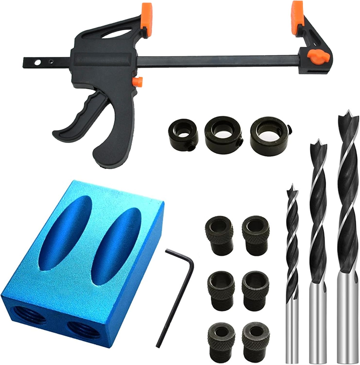 INDPROD 14pcs Pocket Hole Jig Kit,15 Degree Woodworking Inclined Hole Jig,with 3 Metal Bushing