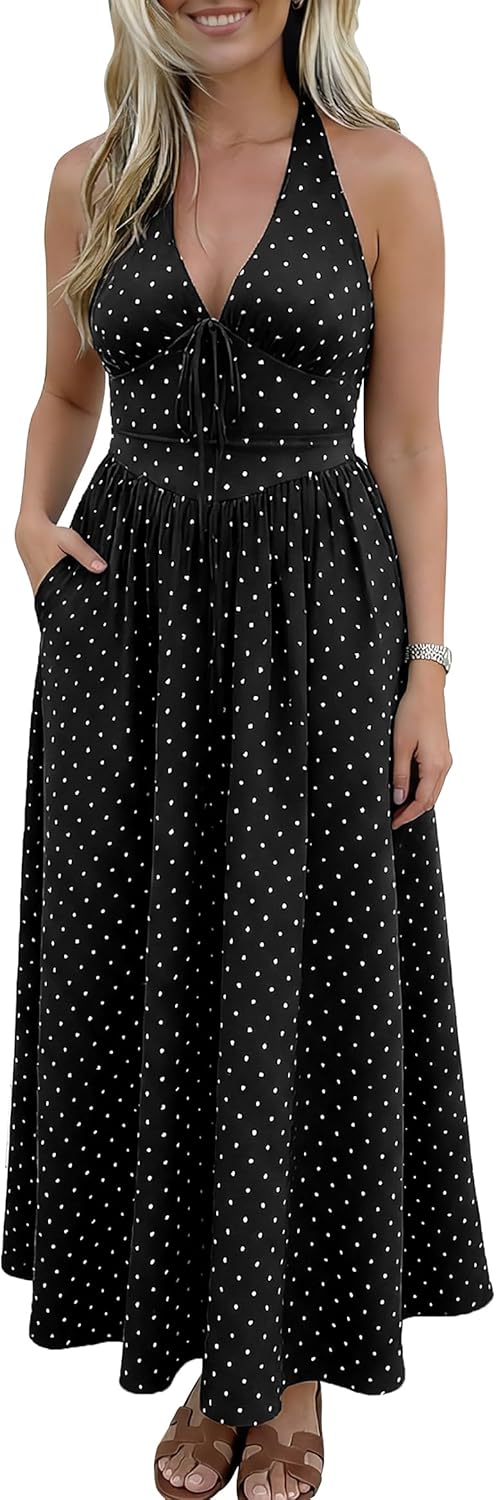 Womens Polka Dot Dress 2026 Spring Summer Halter Cocktail V Neck Maxi Smocked Casaul Long Dresses with Pockets