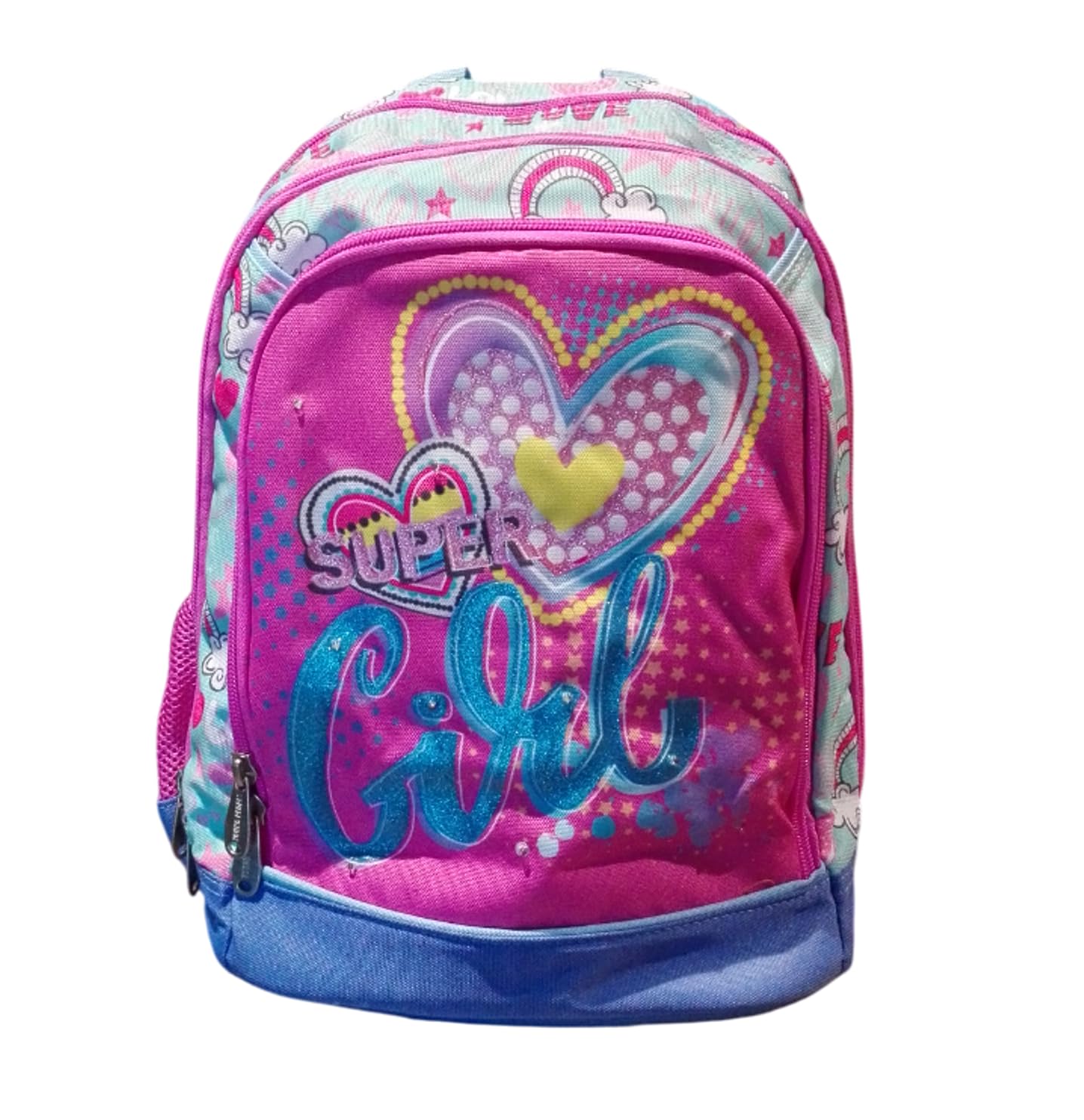 PRESTIGE & DELUXE Runder Schulrucksack Pool Over Super Girl Heart Herz rosa mit Glitzerlichtern für Mädchen Grundschule – 3 Reißverschlussfächer + 7 löschbare Stifte und Schlüsselanhänger mit