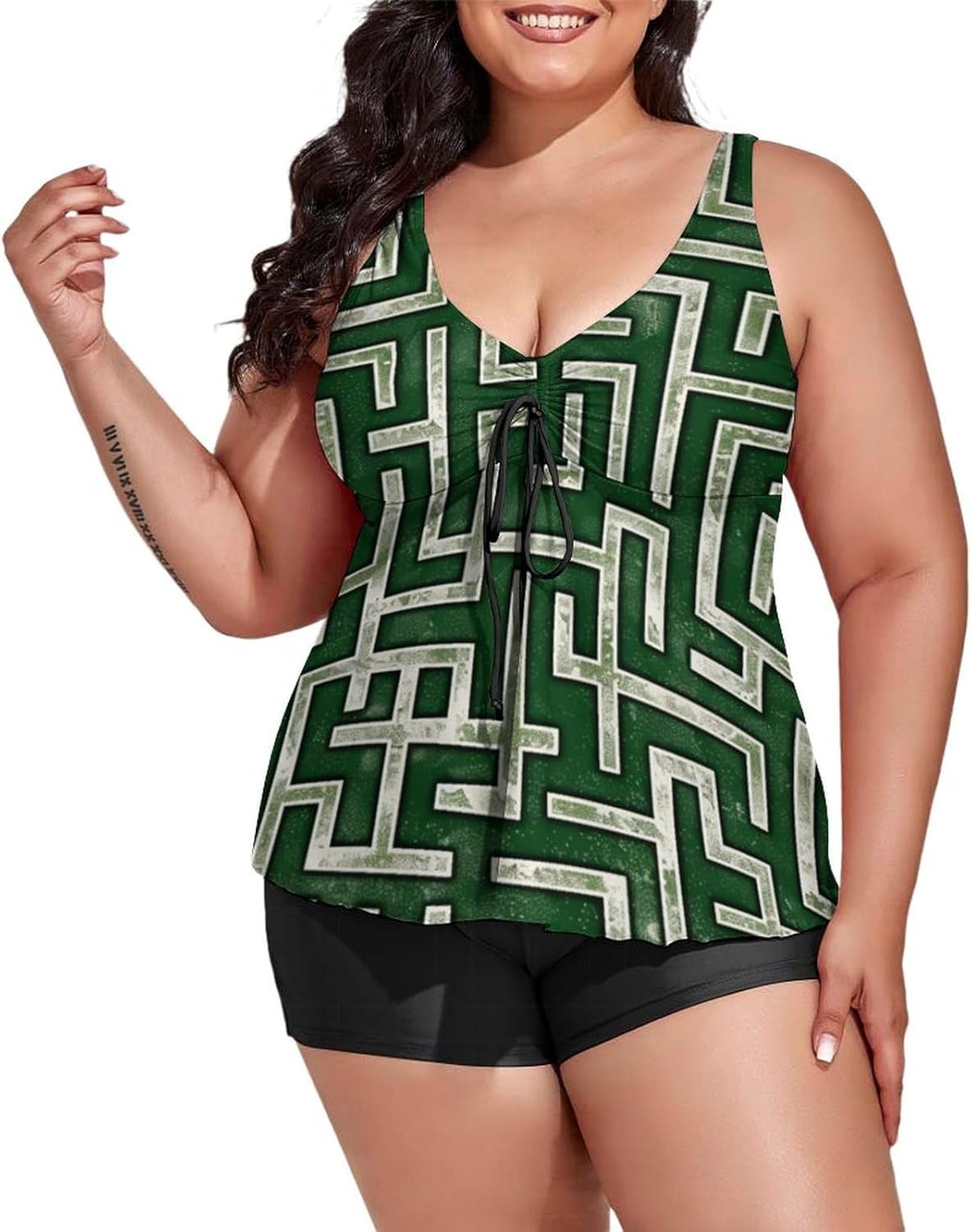 Women's Plus Size Tankini Swimsuit with Shorts Small Floral Motifs on Rustcolored 2 Piece Bathing Suits Swimwear Tummy