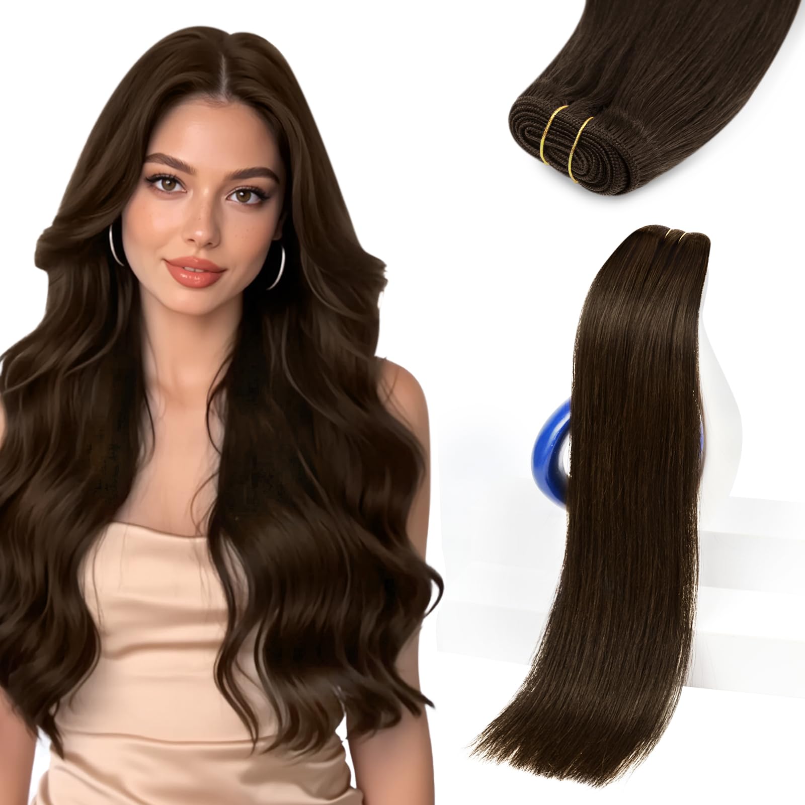 Sunny Hair Human Hair Weft Extensions 20 Inch Dark Brown Sew In Hair Extensions Real Human Hair Chocolate Brown Hair Weft Bundles Long Soft Silky Hair