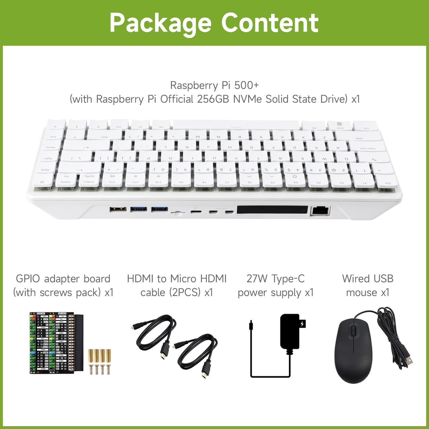 waveshare Mechanical Keyboard, Compatible with Raspberry Pi 500+,WiFi/Bluetooth Support, Dual-4K Outputs, Comes with Official Raspberry Pi 256GB NVMe Solid State Drive, RGB Backlight