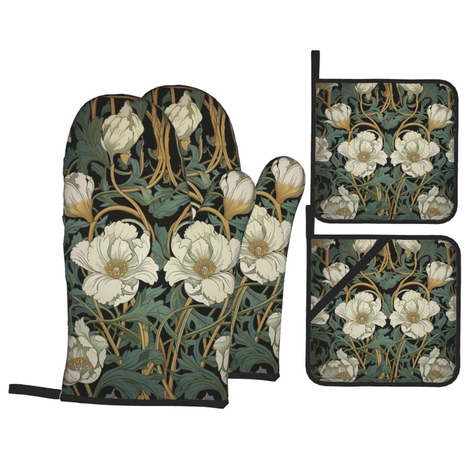 Vintage Floral Oven Mitts and Pot Holders Sets - Spring Pretty Kitchen Mitts Potholders 4 Pack Heat Resistant Retro Flower Oven Gloves Hot Pads for Kitchen Baking Grilling Party