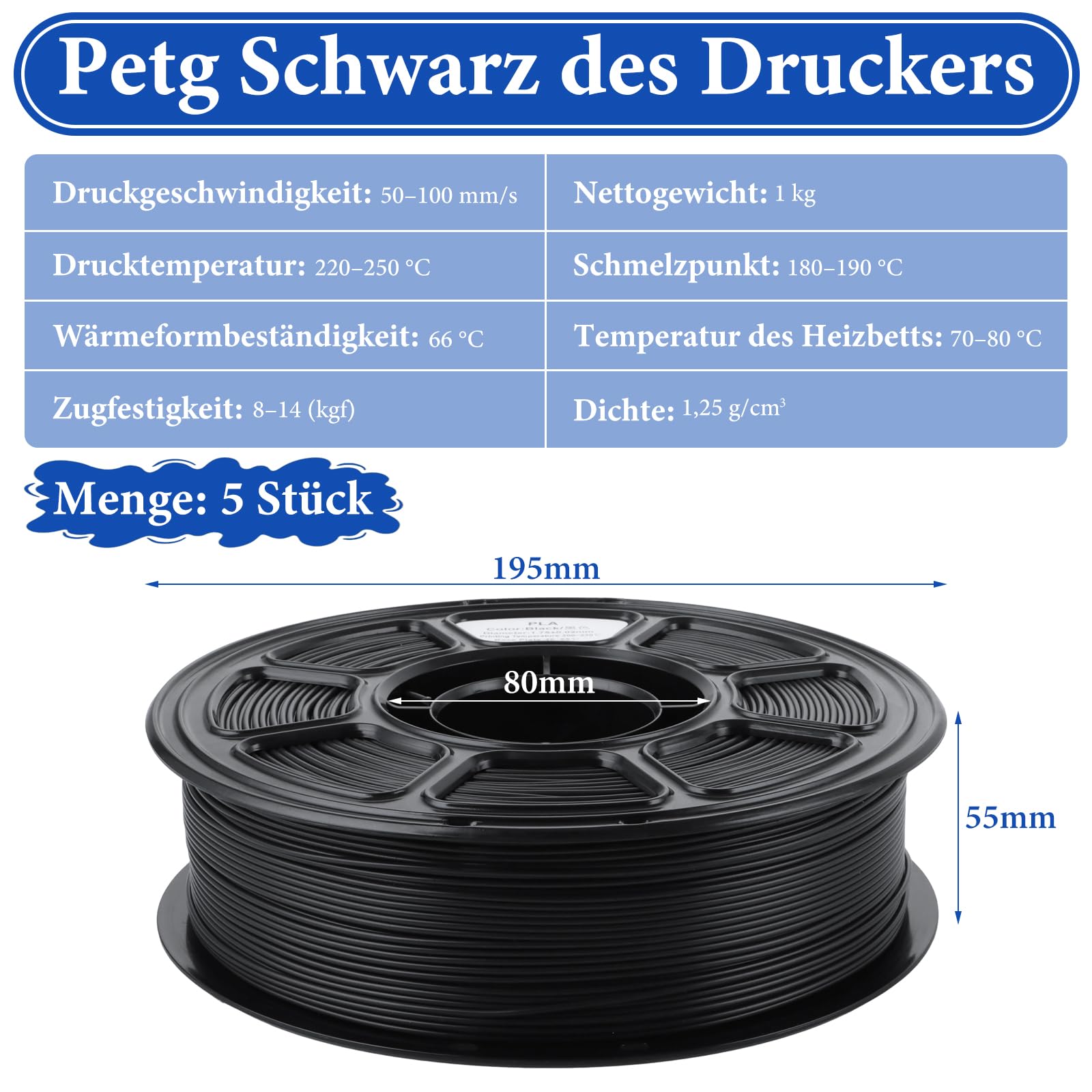 YOUNTHYE Filamento PLA da 5 kg, nero, 1,75 mm (bobina da 5 x 1 kg), filamento per stampante 3D per stampanti FDM, dimensioni precise, non si attorcigliano
