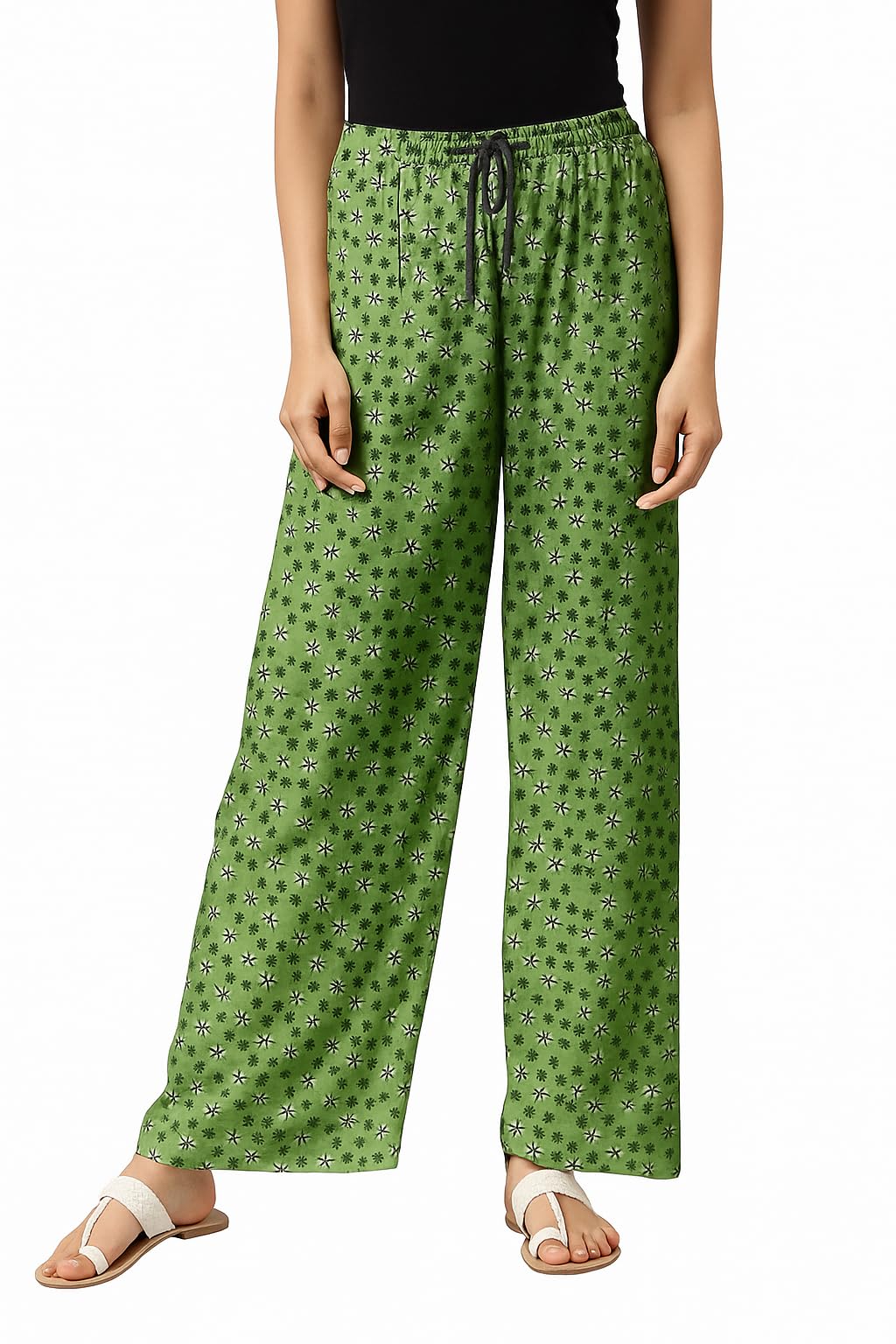 Women's Floral Print Cotton Wide Leg Palazzo Pants, Elastic Waist with Drawstring, Casual Lounge Wear, Multi-Color Pack (Green, M)-picture-30