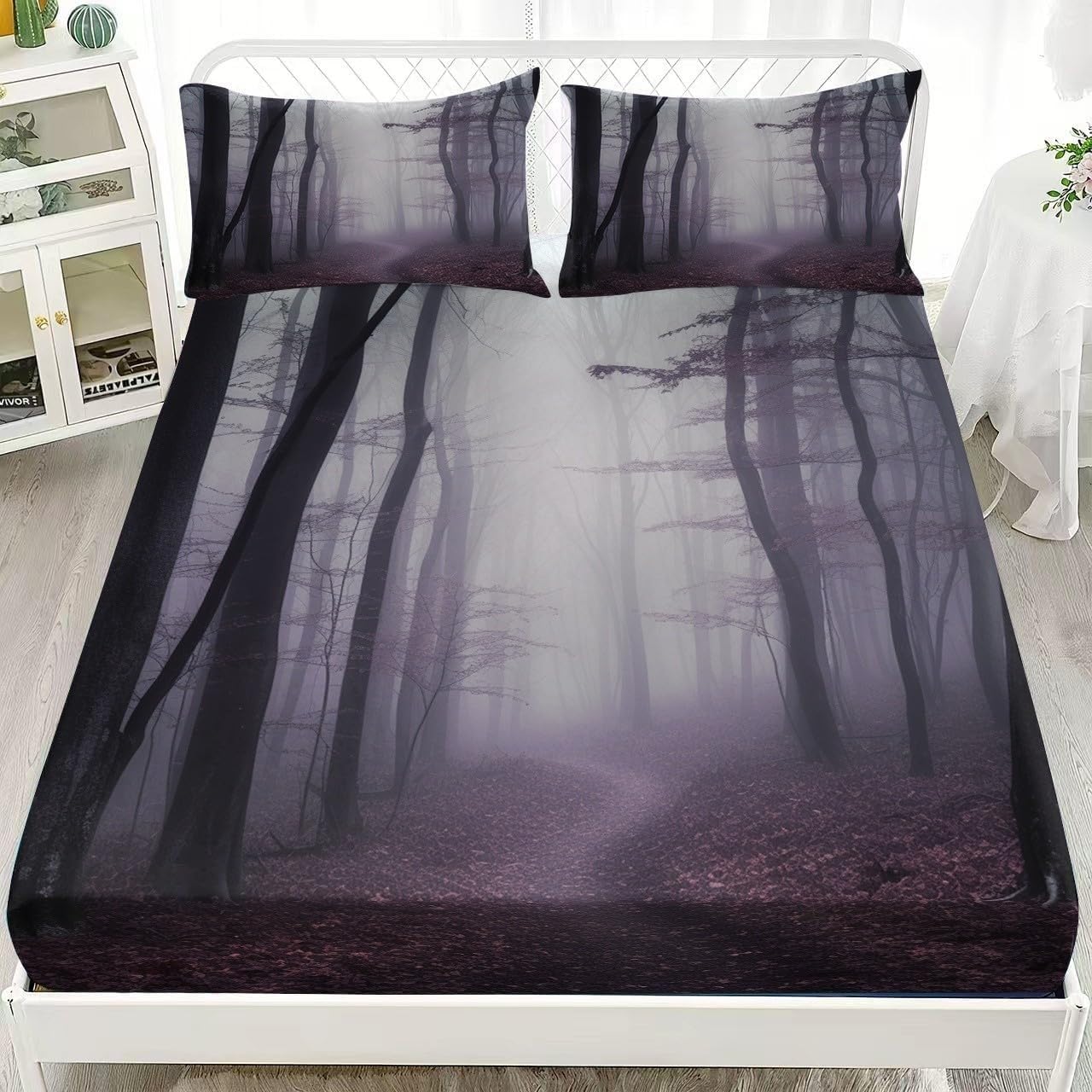Forest Double Fitted Sheet Smoke Bed Sheets Deep Pocket 12 inch (30 cm) Soft Cozy 3 Piece Microfibre Bed Sheet 135x190 cm with 2 Pillowcases 50x75 cm