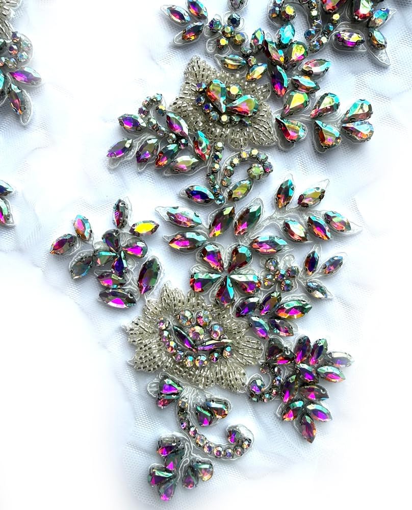2PCS AB Color Rhinestones Beaded Shiny Applique patchs,Big Size Flowers Easy Cut to Smaller Pieces Applique for Clothing,Wedding Dress,Prom Dress and Other DIY Decoration 4.7 * 12 inches