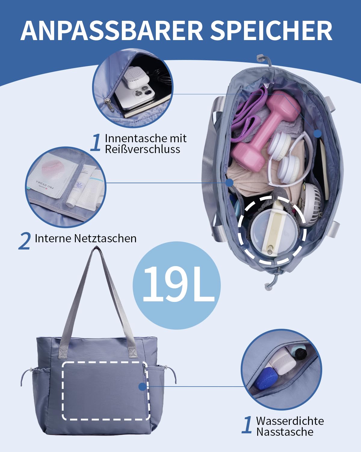 sportsnew Yogatasche Damen Groß Wasserdicht Yoga Tote Tasche mit Nassfach & Klettverschluss Schnellzugriff Yogamatte