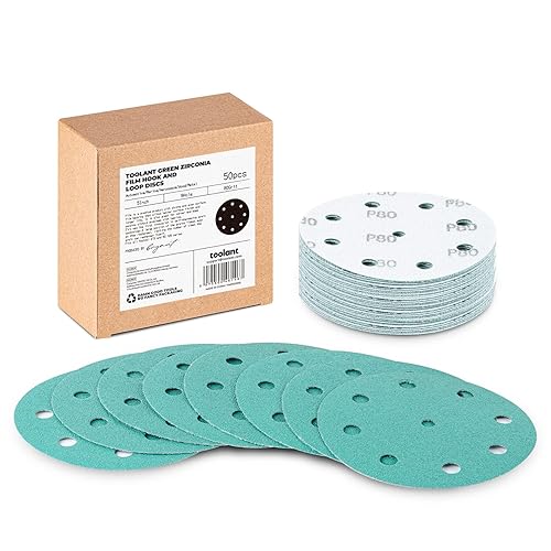 Toolant - Disco de lijado de grano 80 de 9 agujeros de 5 pulgadas, discos de lijado de película de gancho y bucle compatibles con lijadoras Festool