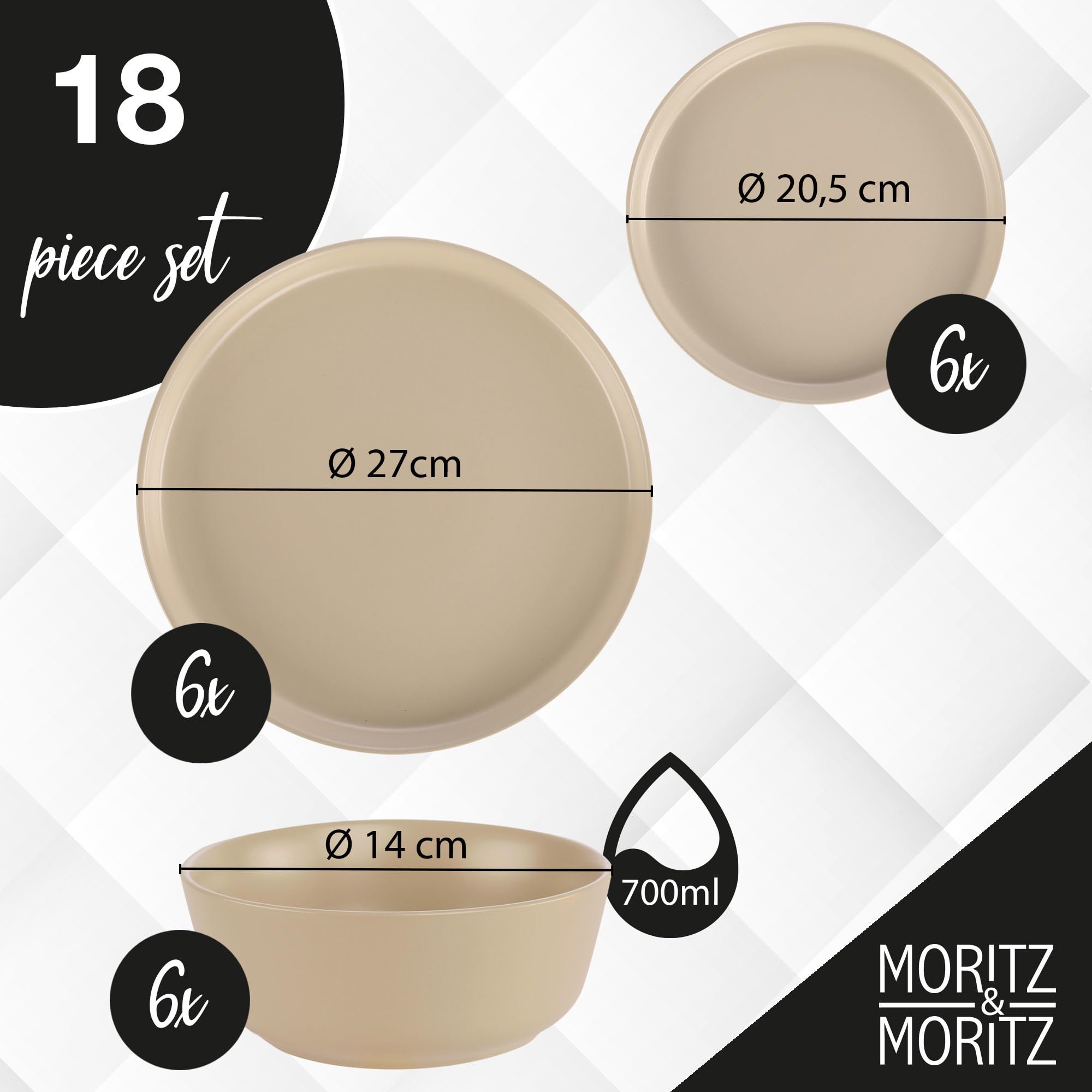 Moritz & Moritz NORDIC Zestaw naczyń 18 el. dla 6 osób Taupe - Elegancki zestaw Talerzy z wysokiej jakości Kamionki - 6x Talerze obiadowe, 6x Deserowe, 6x Głębokie