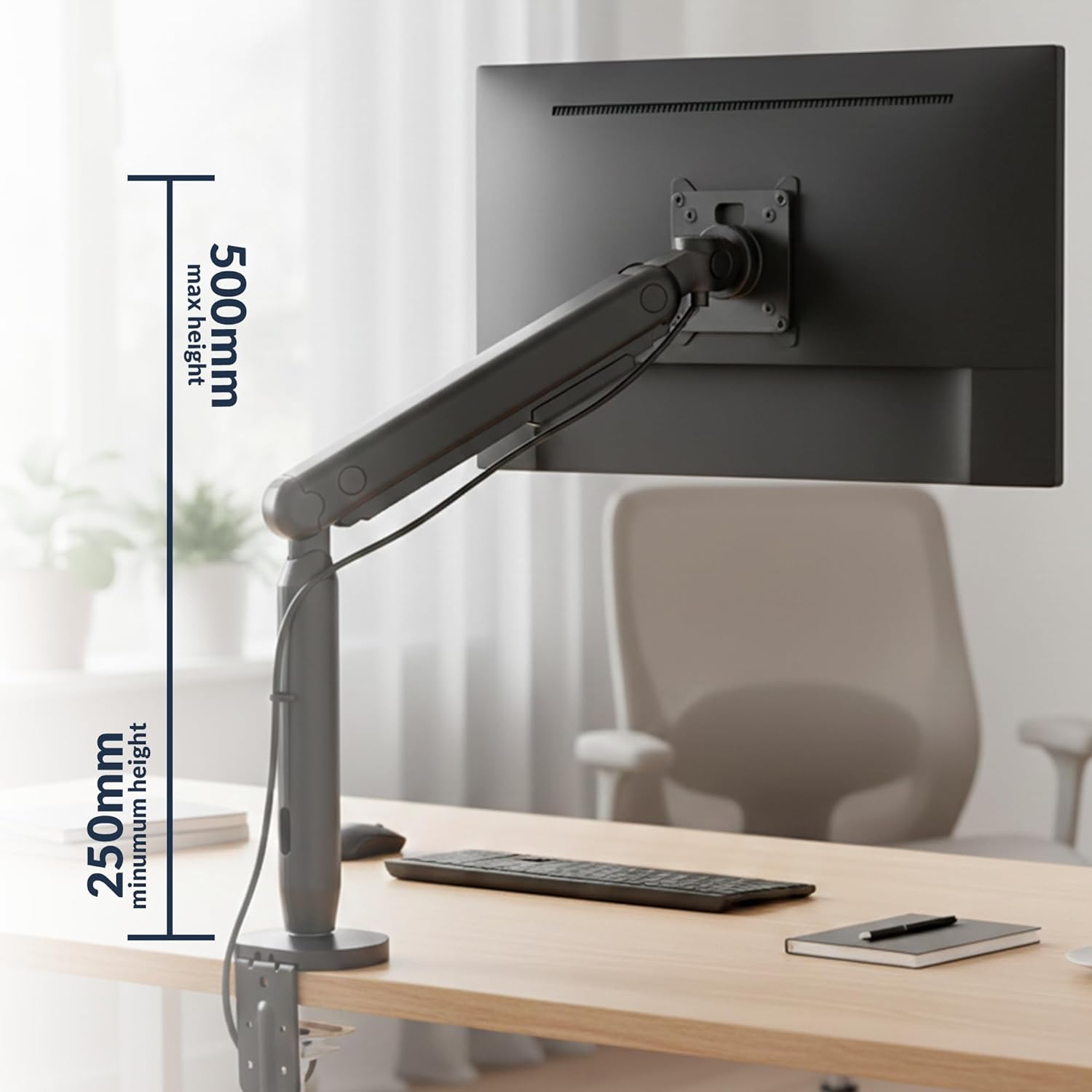 Desky Flexi Monitor Arm showing minimum height of 250mm and maximum height of 500mm