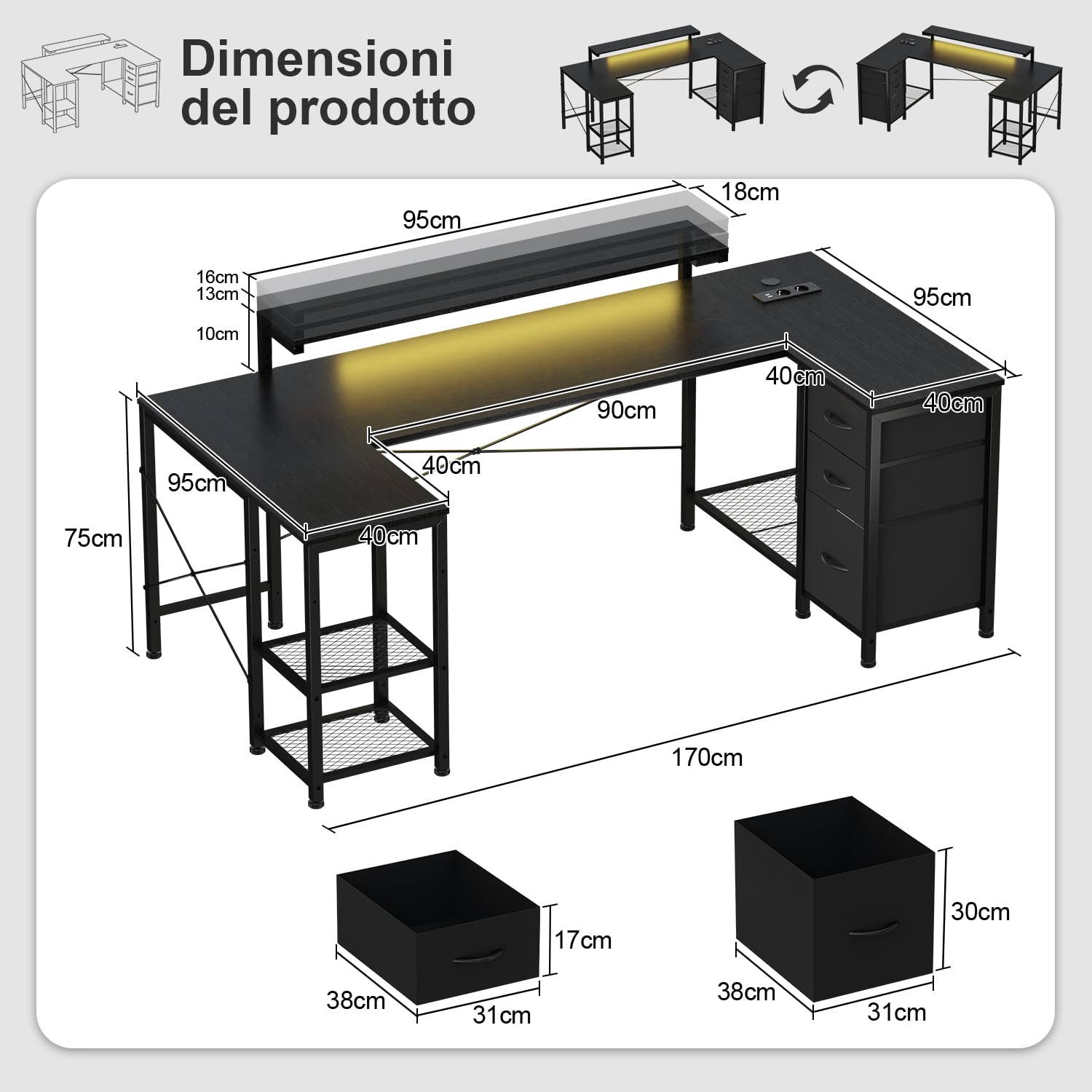 Devoko Scrivania Angolare 170x95 cm, Tavolo A L Da Gioco con 3 Cassetti, Illuminazione LED, Supporto Monitor, 2 Prese + 2 USB, Adatta per Ufficio/Studio, Ideale per Camere, Nera | Illuminazione RGB, Doppio Supporto Monitor, 3 Cassetti, Mensola Laterale, P