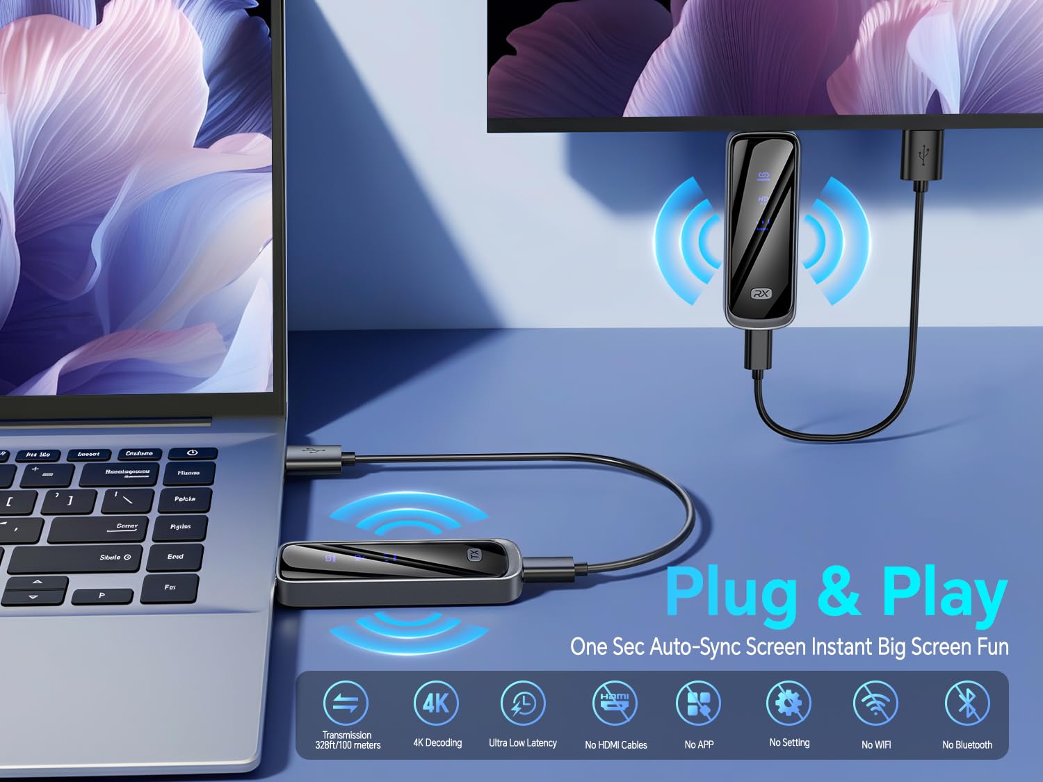 Futureagle FUTUREAGLE Wireless HDMI Transmitter and Receiver 328FT/100M,4K Decode Plug & Play Portable 5G+2.4G Wireless Display Adapter Extender Kit for Video and Audio to Monitor in use
